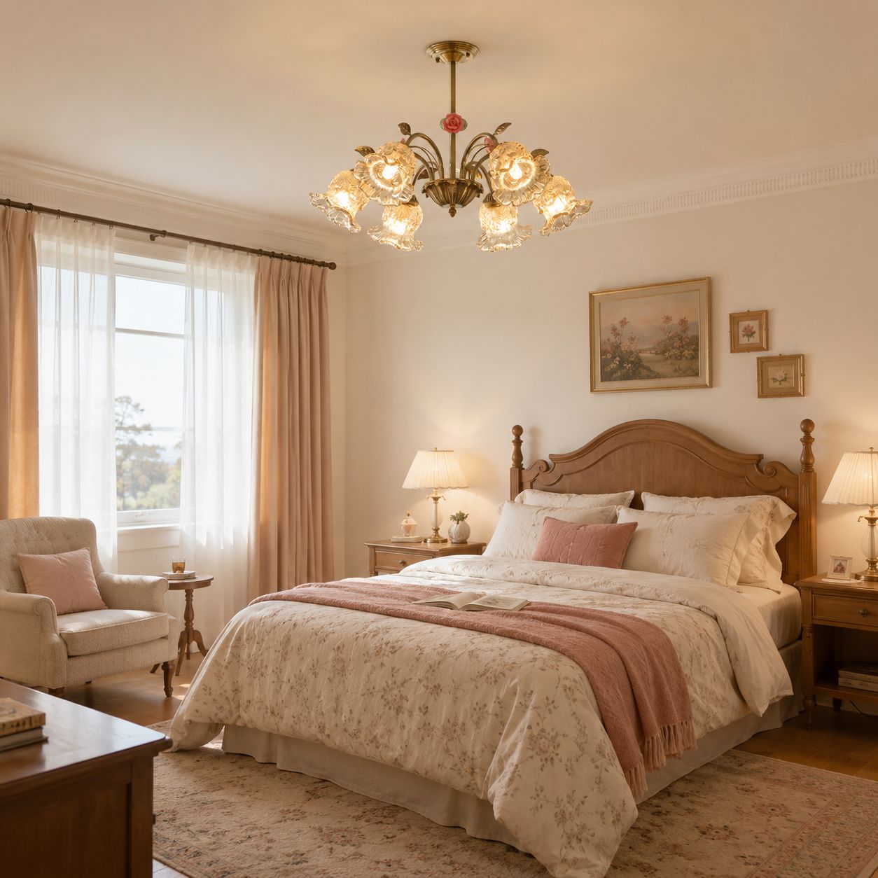6-Light Gold Vintage Pink Floral Glass Chandelier | E27 Ceiling Lamp Pendant Light Lightsin UK 