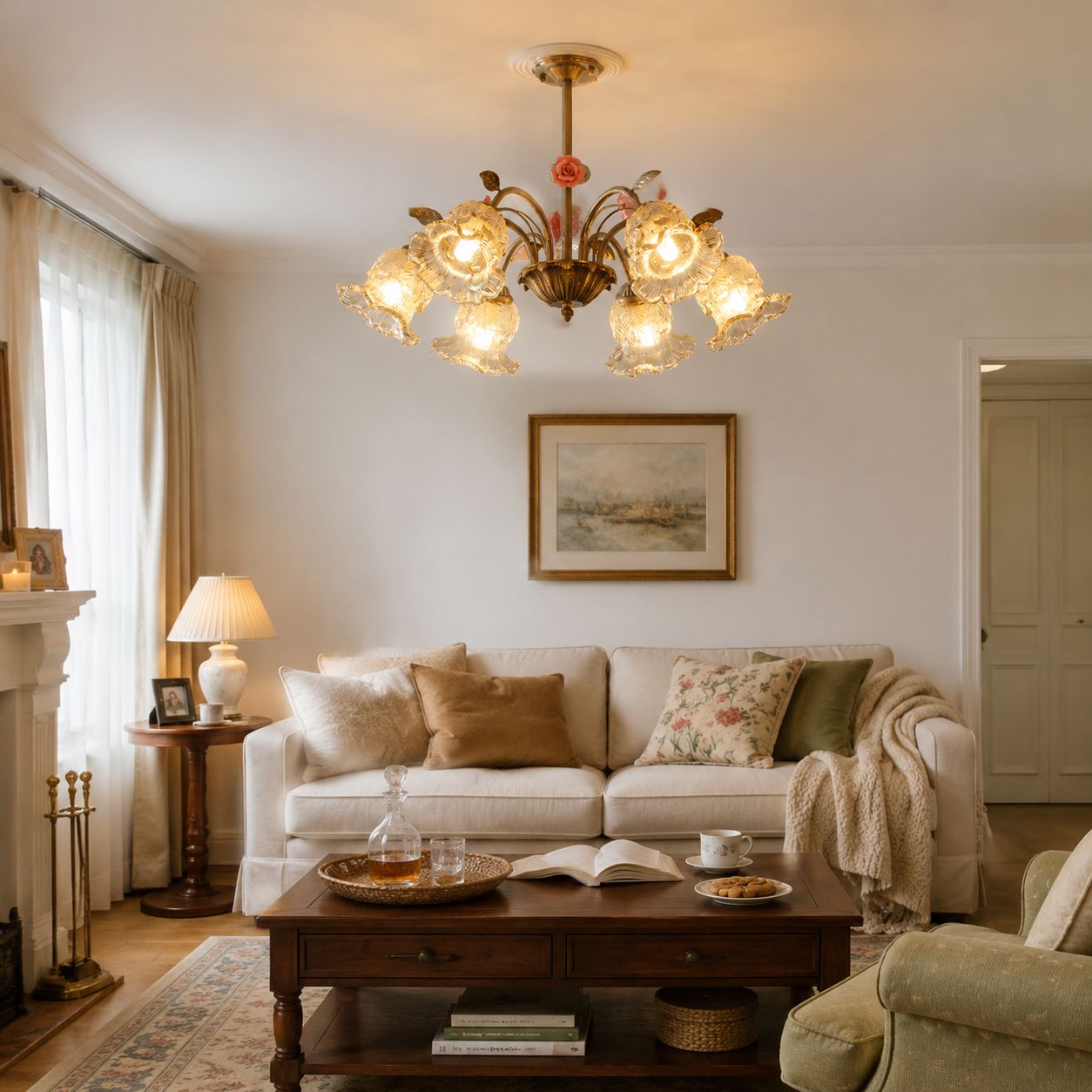 6-Light Gold Vintage Pink Floral Glass Chandelier | E27 Ceiling Lamp Pendant Light Lightsin UK 