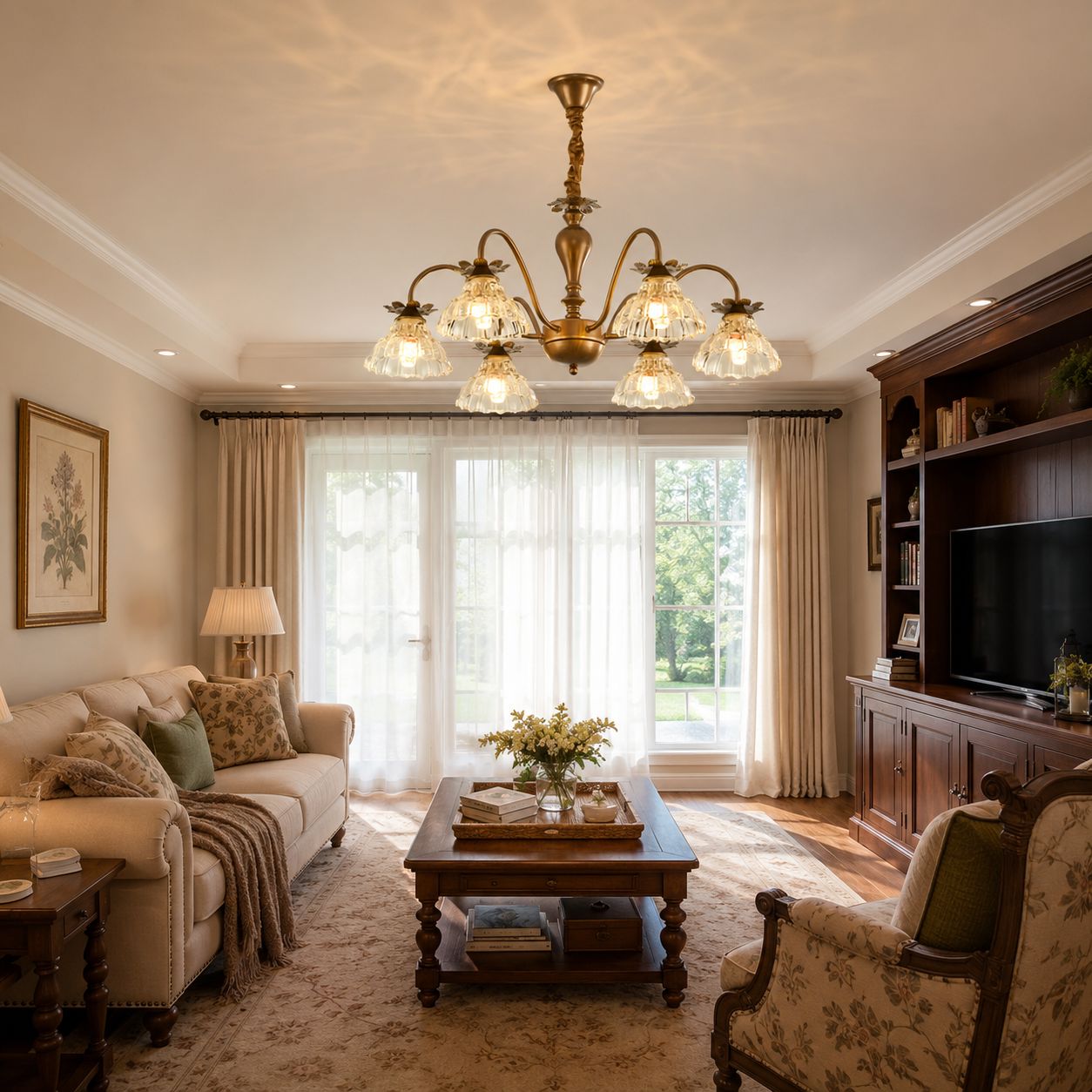 6-Light Gold Vintage Floral Glass Chandelier | E14 Ceiling Lamp Pendant Light Lightsin UK 