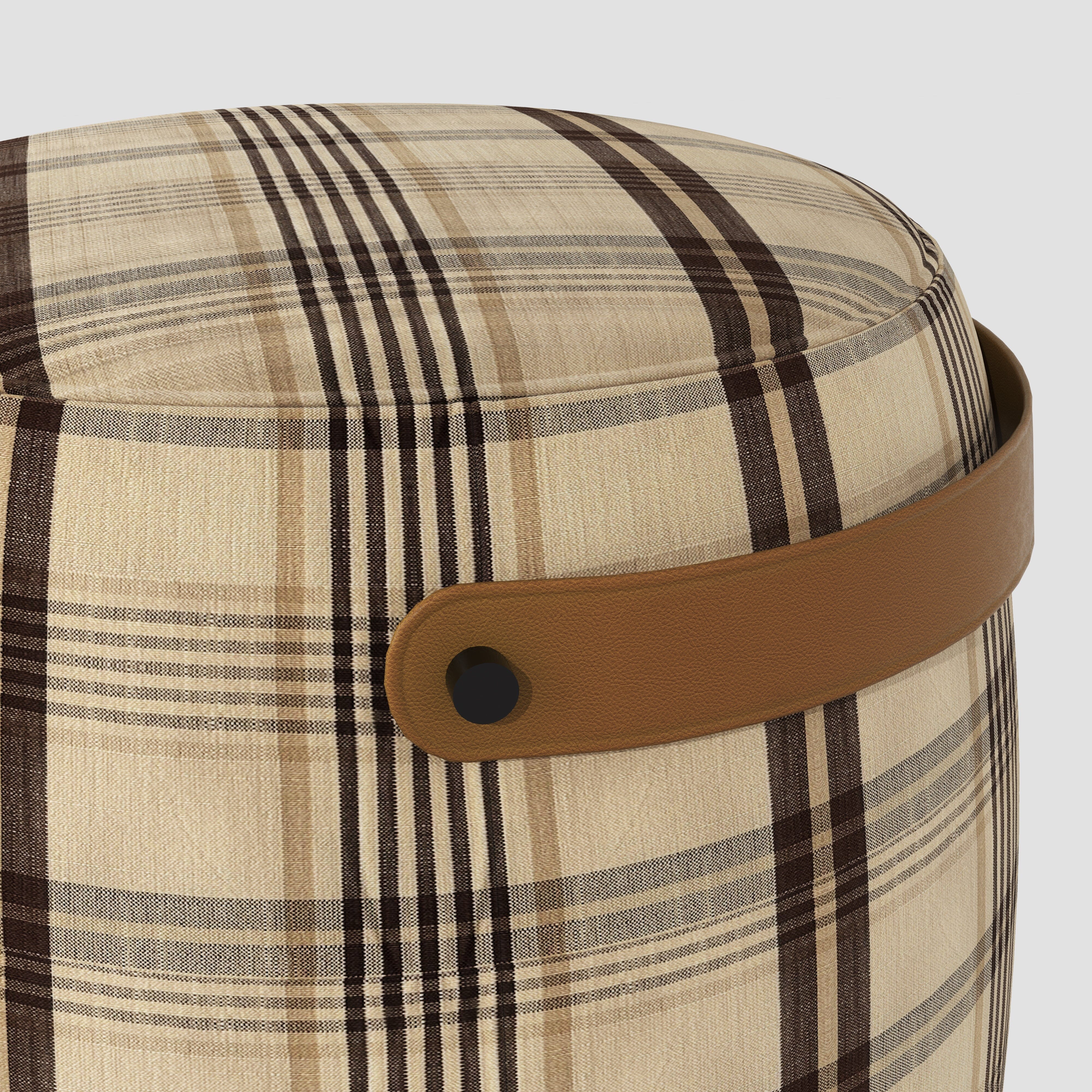 Haven British Check Round Pouffe Footstool with Leather Handle Cottonfy UK 
