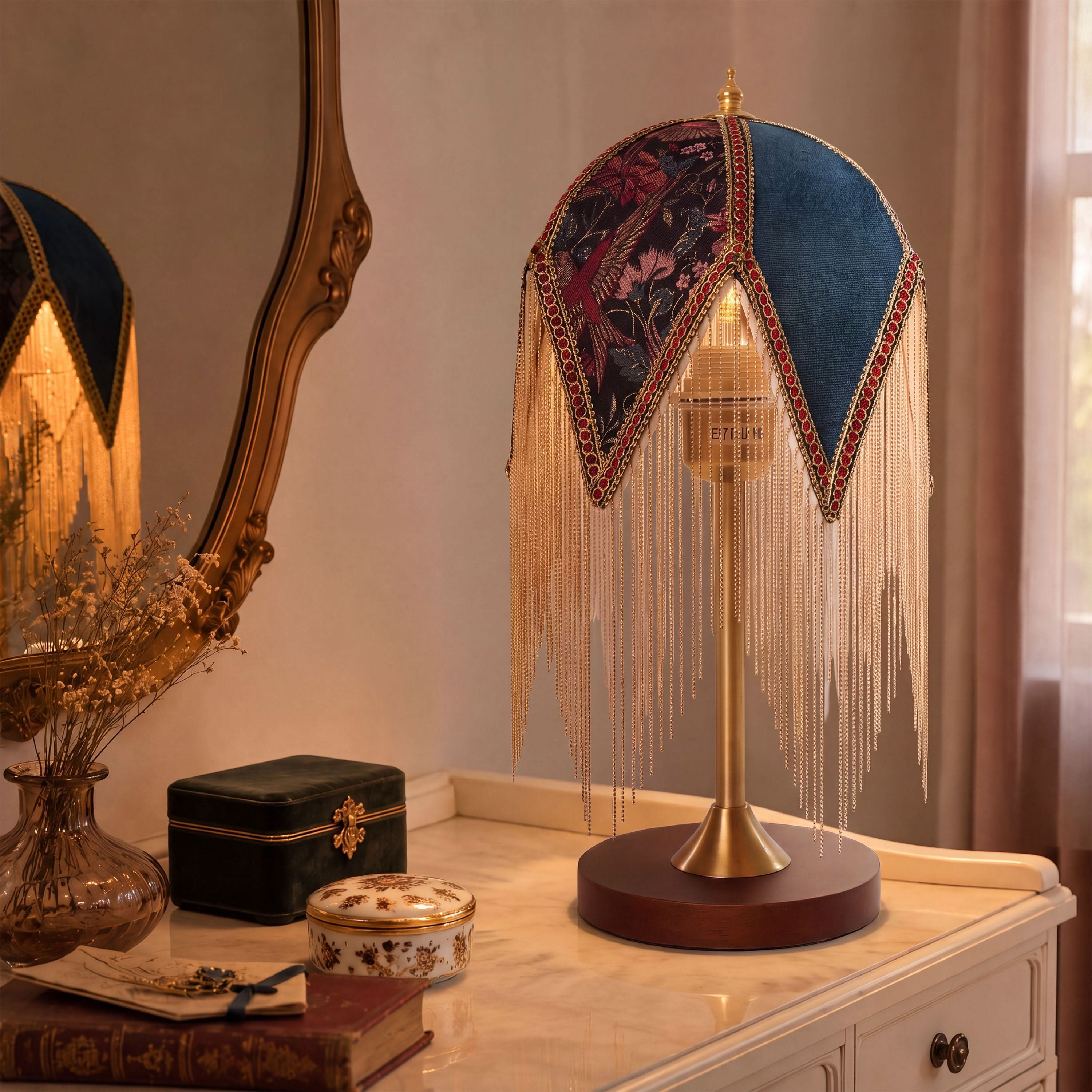 Mid-Century Vintage Tassel Table Lamp | Antique Brass & Fabric Bedside Lamp Lightsin UK 