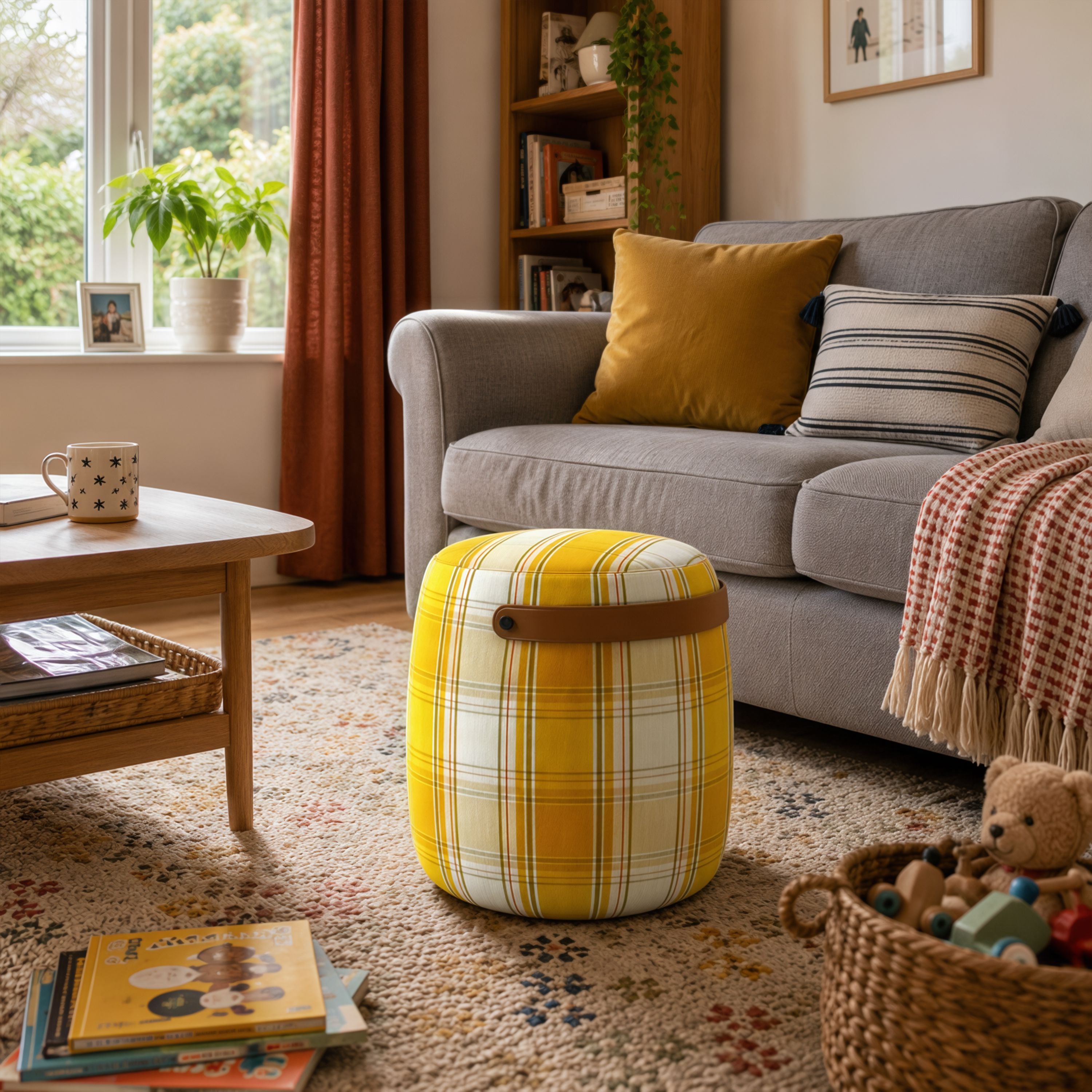 Haven British Check Round Pouffe Footstool with Leather Handle Cottonfy UK 