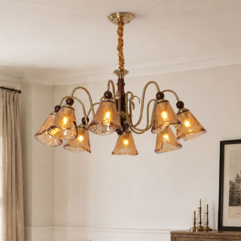 8-Light Walnut Vintage Cut Glass Chandelier | Wood and Iron Ceiling Lamp Pendant Light Lightsin UK In Stock 