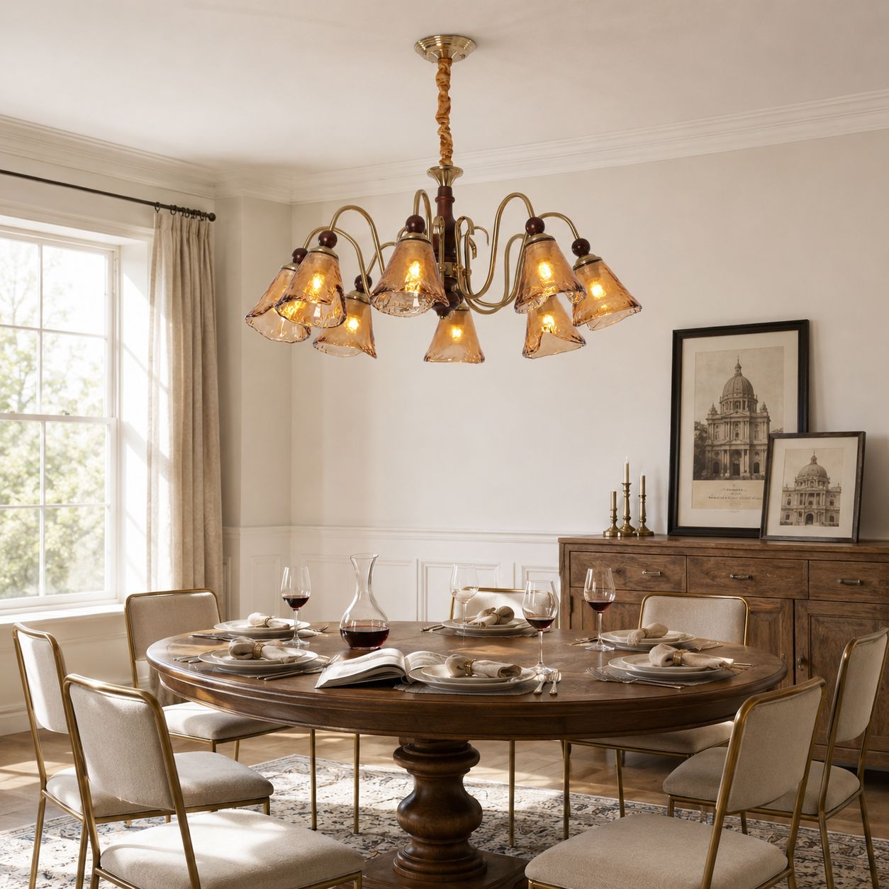8-Light Walnut Vintage Cut Glass Chandelier | Wood and Iron Ceiling Lamp Pendant Light Lightsin UK Pre-Order 