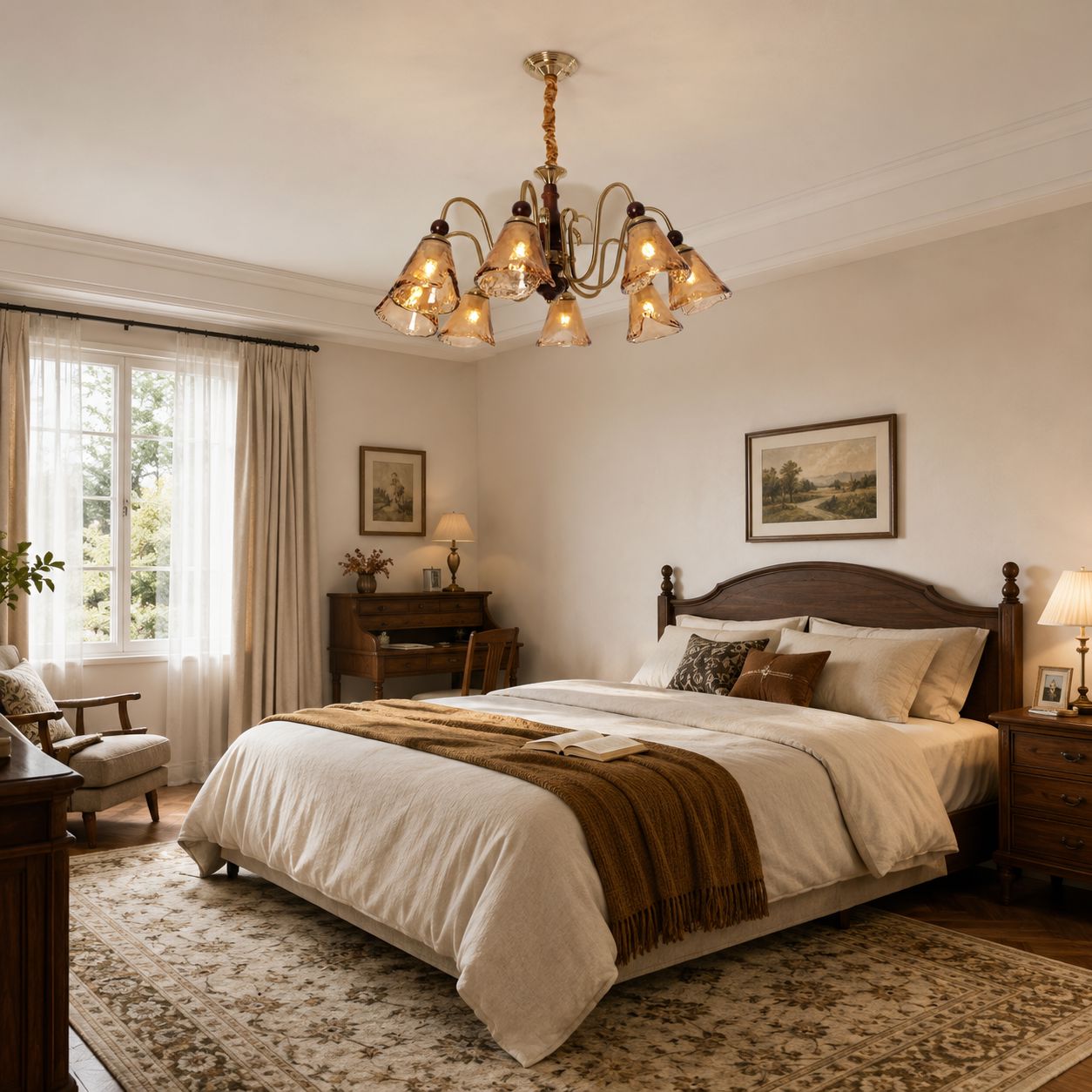 8-Light Walnut Vintage Cut Glass Chandelier | Wood and Iron Ceiling Lamp Pendant Light Lightsin UK 