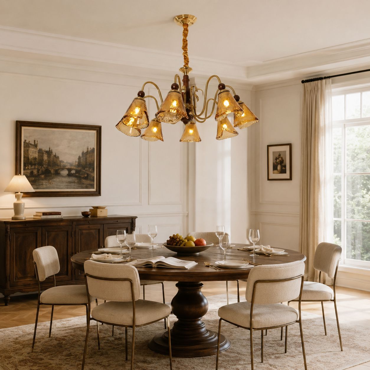 8-Light Walnut Vintage Cut Glass Chandelier | Wood and Iron Ceiling Lamp Pendant Light Lightsin UK 