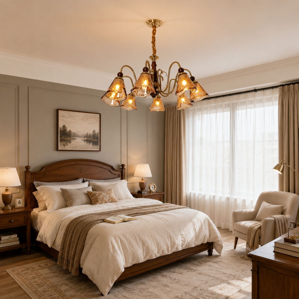 8-Light Walnut Vintage Cut Glass Chandelier | Wood and Iron Ceiling Lamp Pendant Light Lightsin UK 