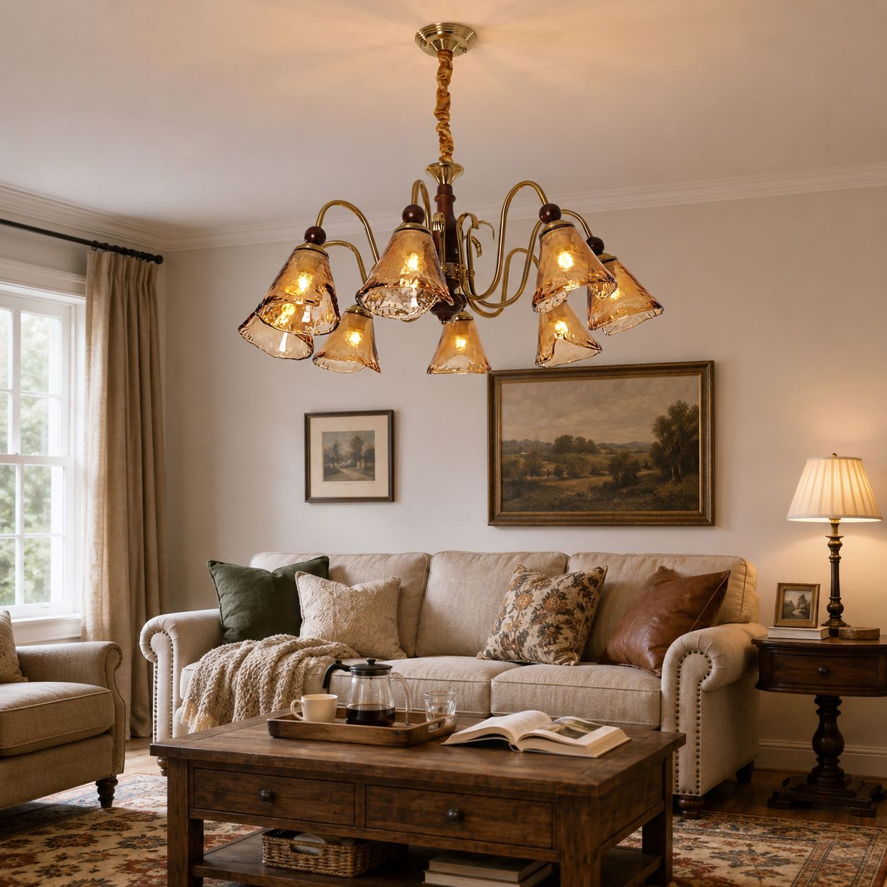 8-Light Walnut Vintage Cut Glass Chandelier | Wood and Iron Ceiling Lamp Pendant Light Lightsin UK 
