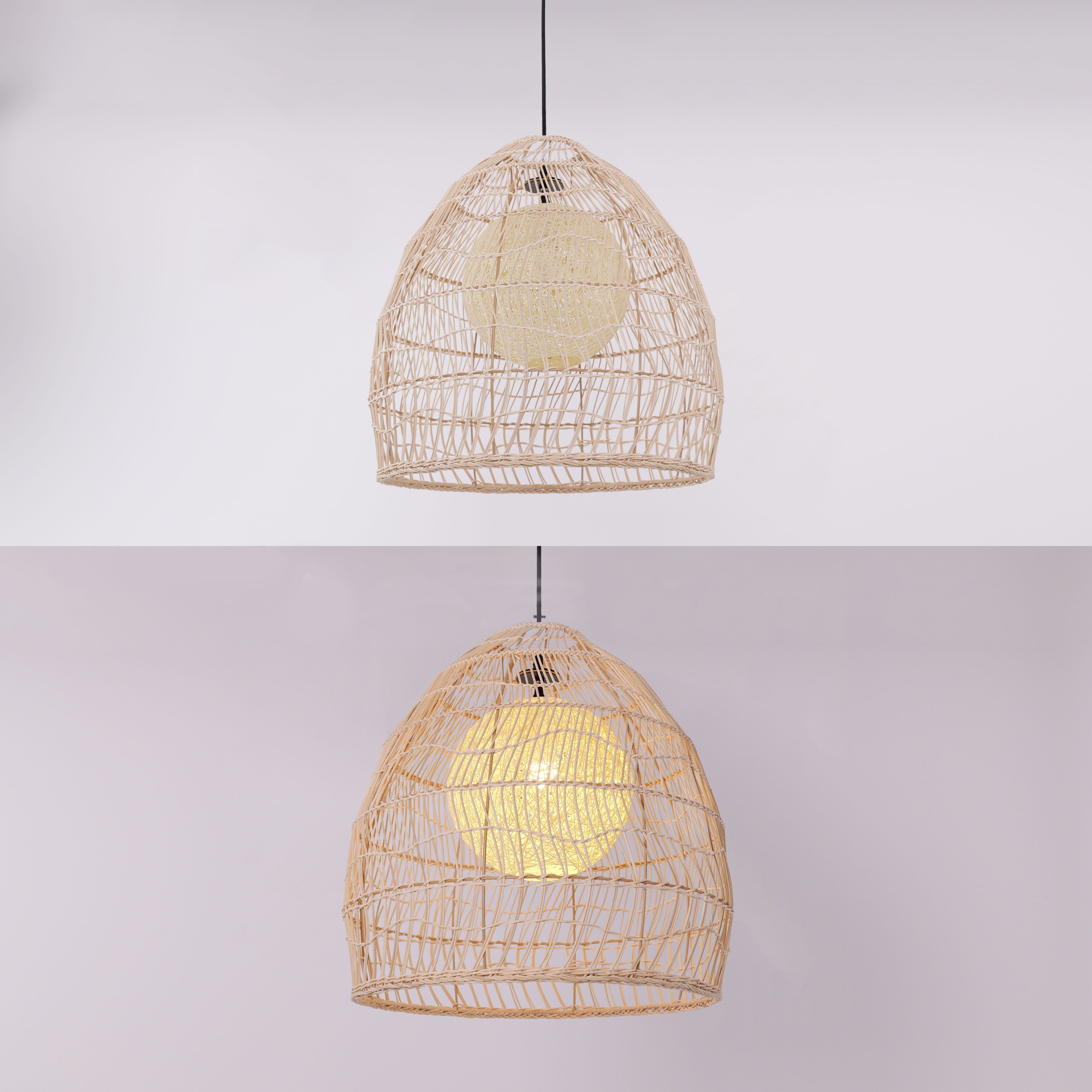 Rattan pendant light comparison with and without the yellow inner sphere