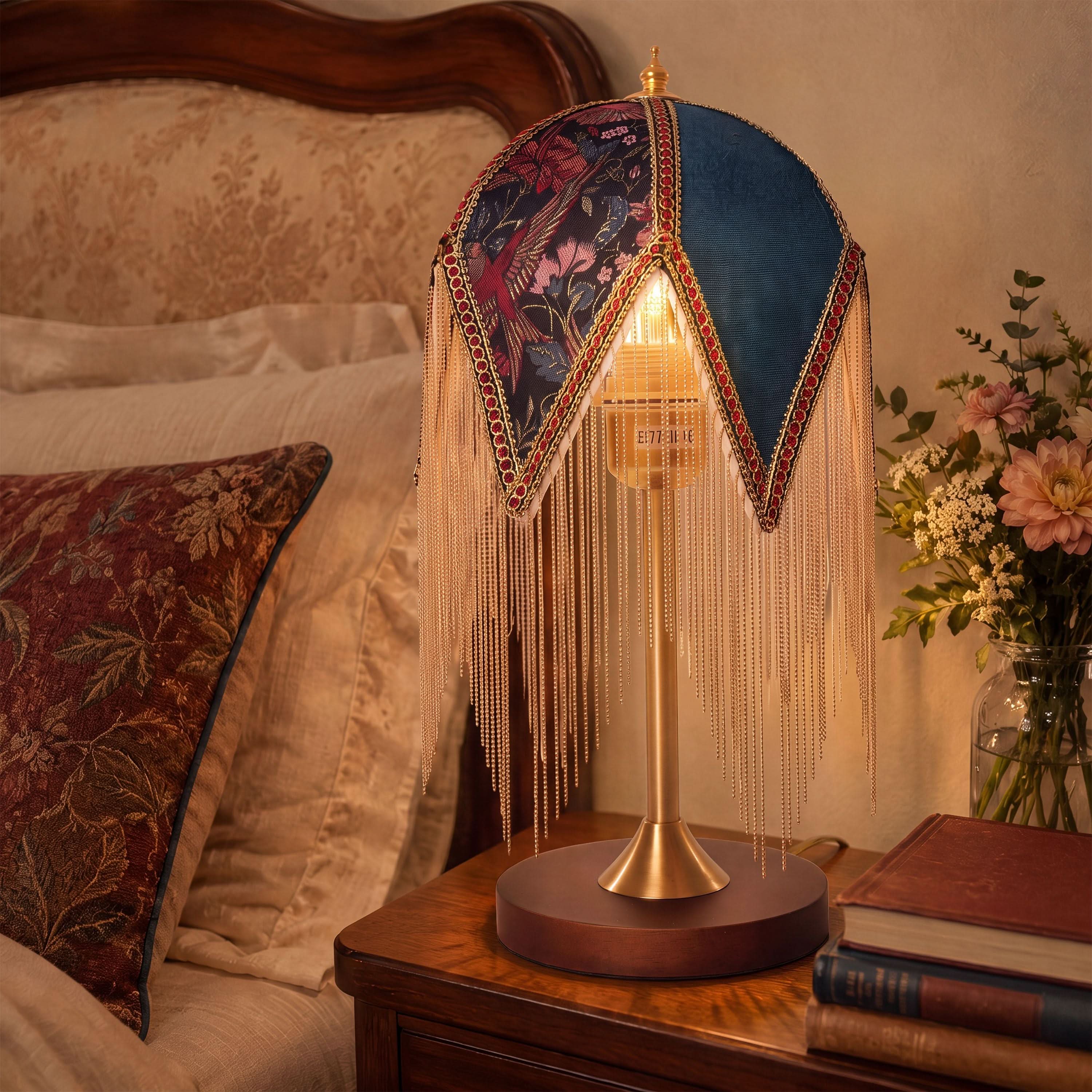 Mid-Century Vintage Tassel Table Lamp | Antique Brass & Fabric Bedside Lamp Lightsin UK 