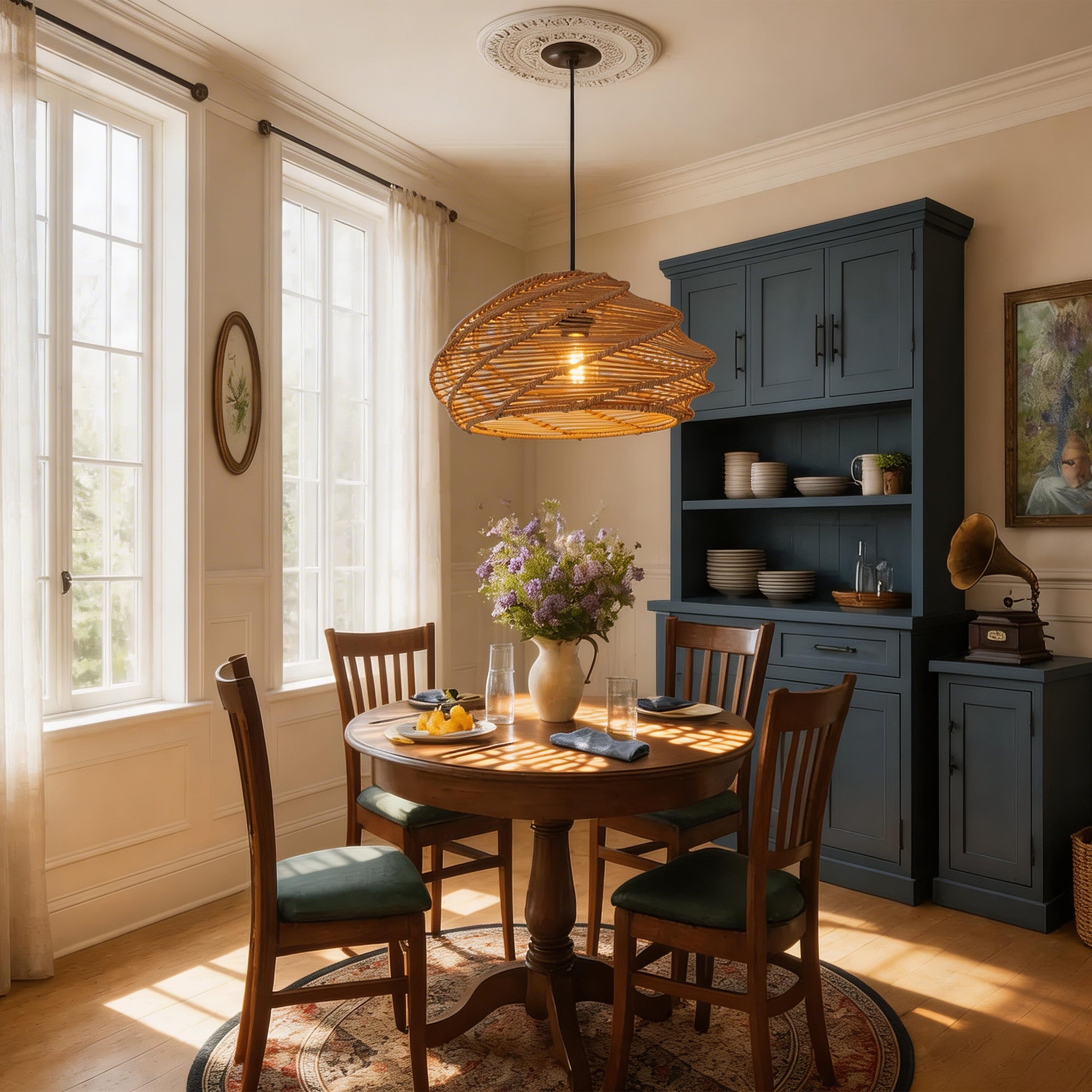 Lightsin Woven paper rope pendant light above a dining room table