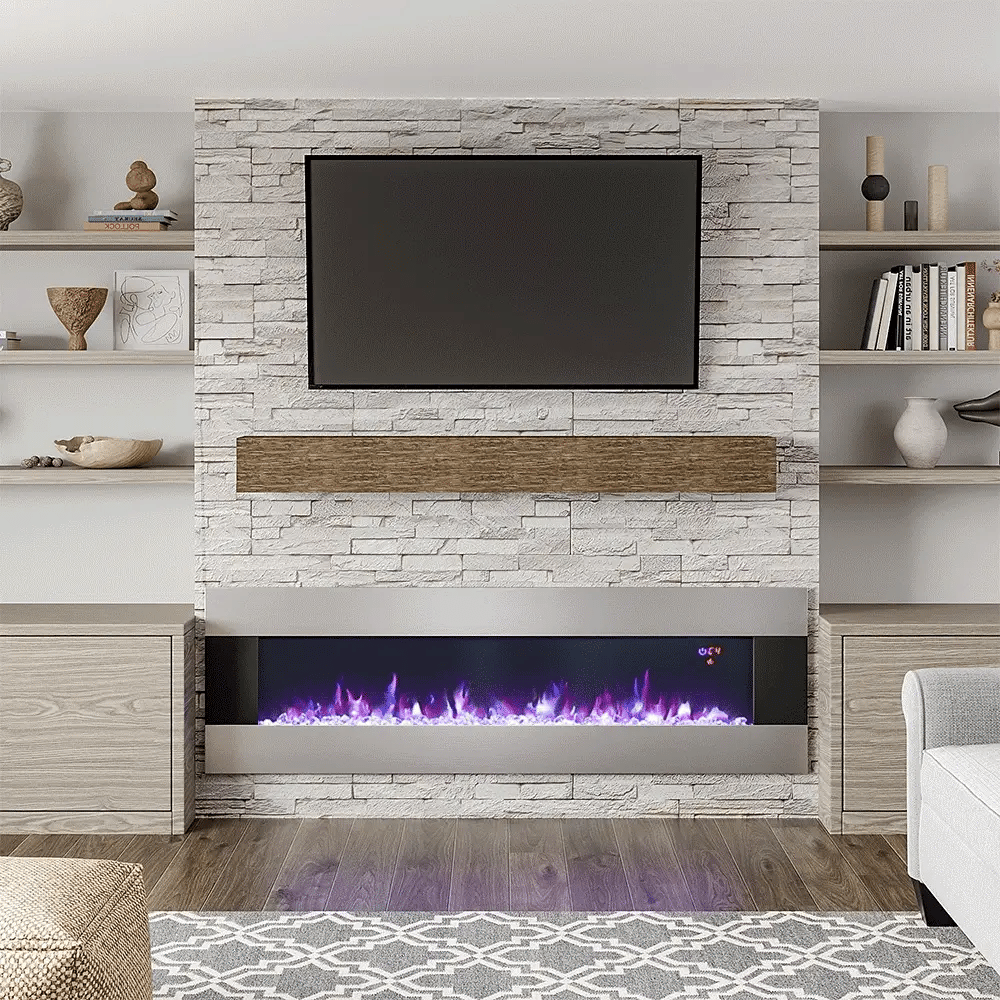 50/60 Inch Silver Electric Fireplace Crystal Accents 6 Flame Colour Heater Wall Mounted Fireplaces Wall Mounted Fireplaces Living and Home 60 Inch 