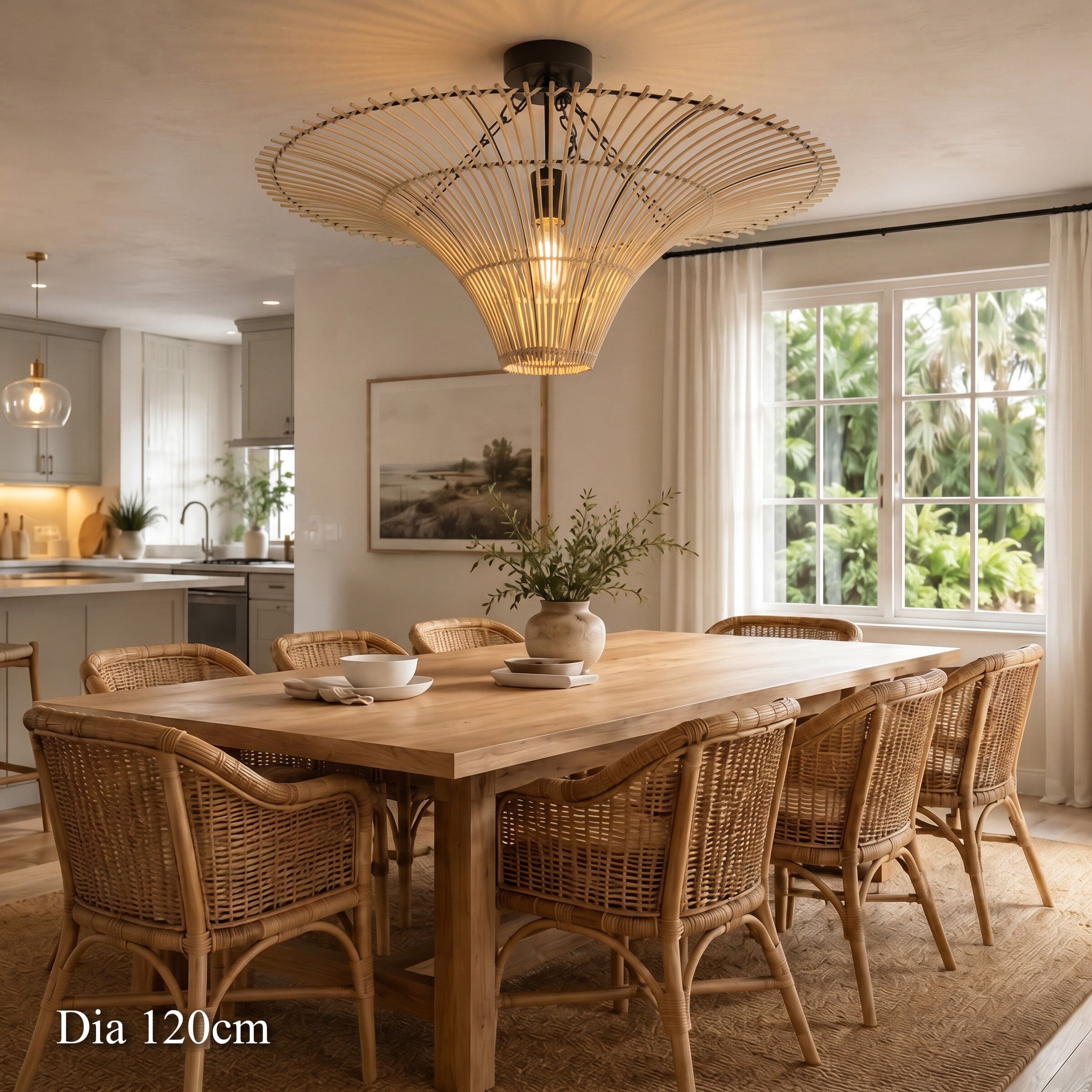120cm rattan ceiling light over a bright open-plan seating area