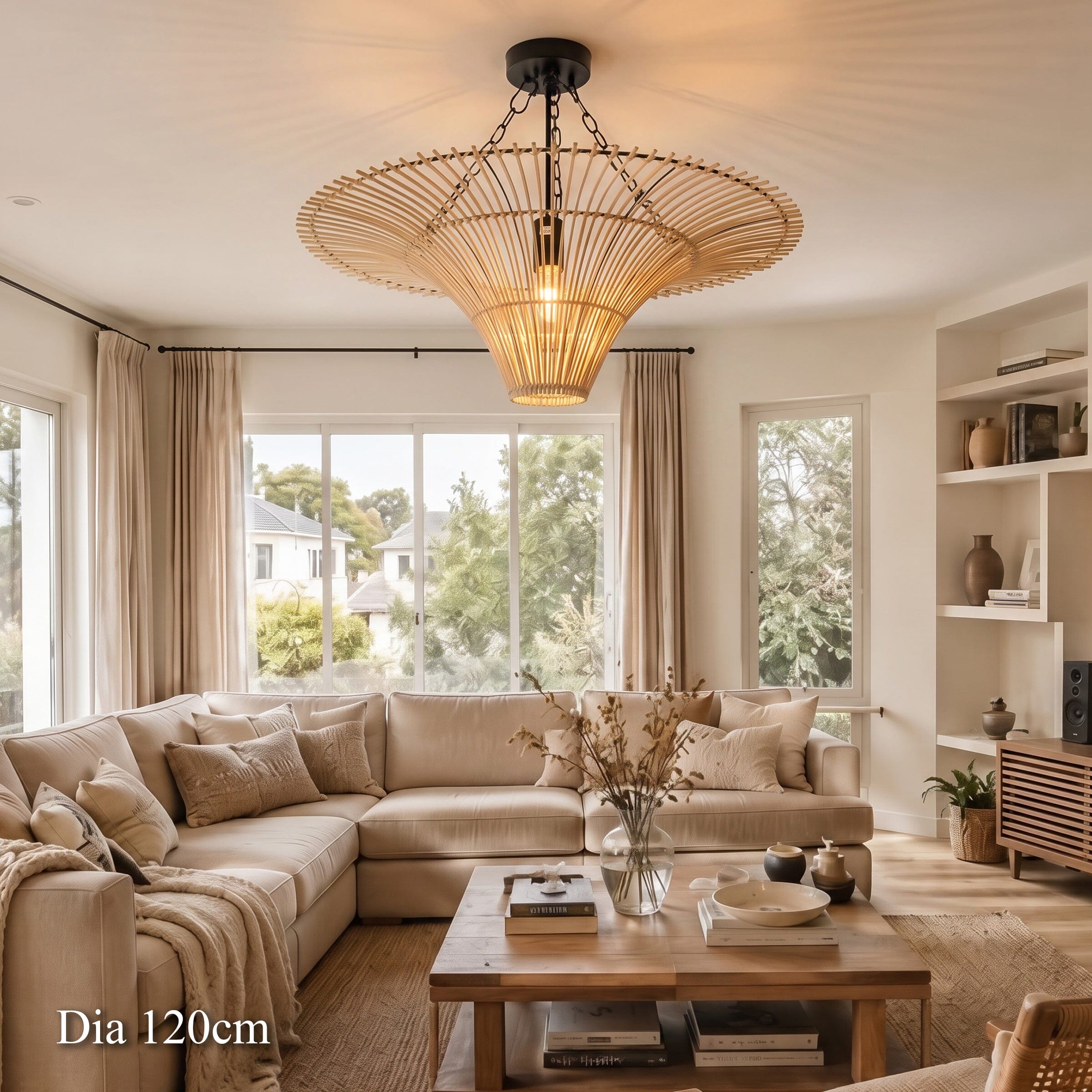 120cm rattan ceiling light above a long wooden dining table