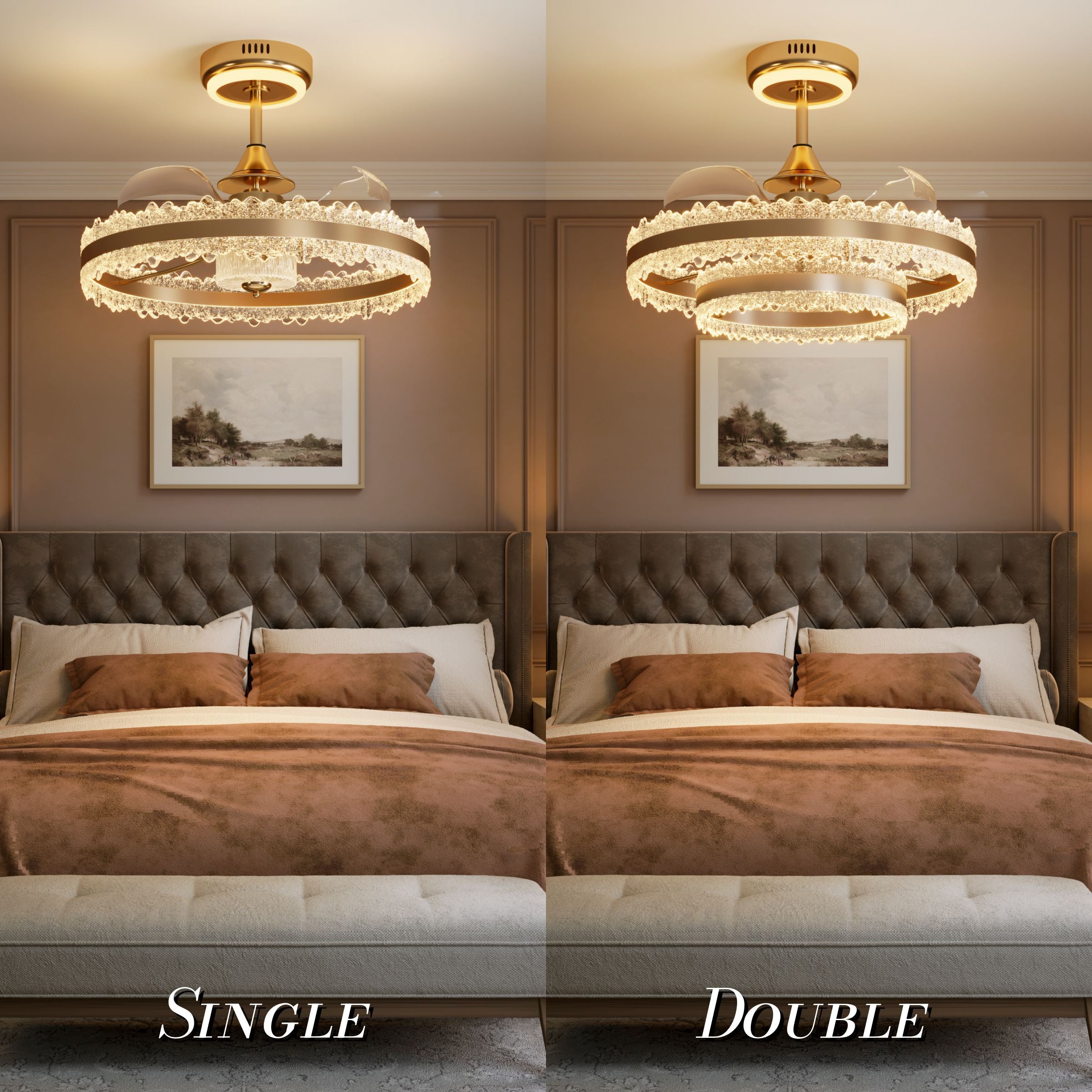 Single and double gold crystal ceiling fan light options shown above beds