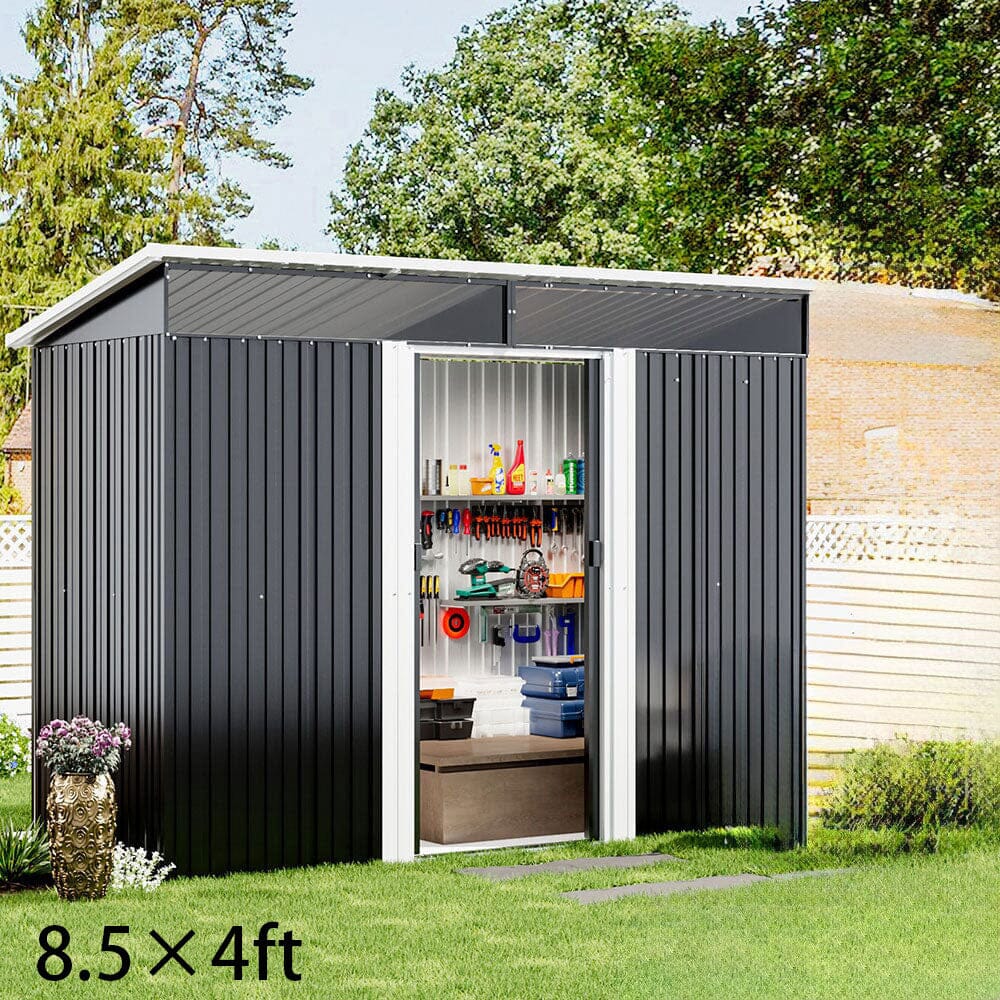 8.5X4ft/ 8.5X6ft Metal Garden Bike Sheds Storage Shed with Lockable Sliding Doors Garden Sheds Living and Home 8.5X4ft 
