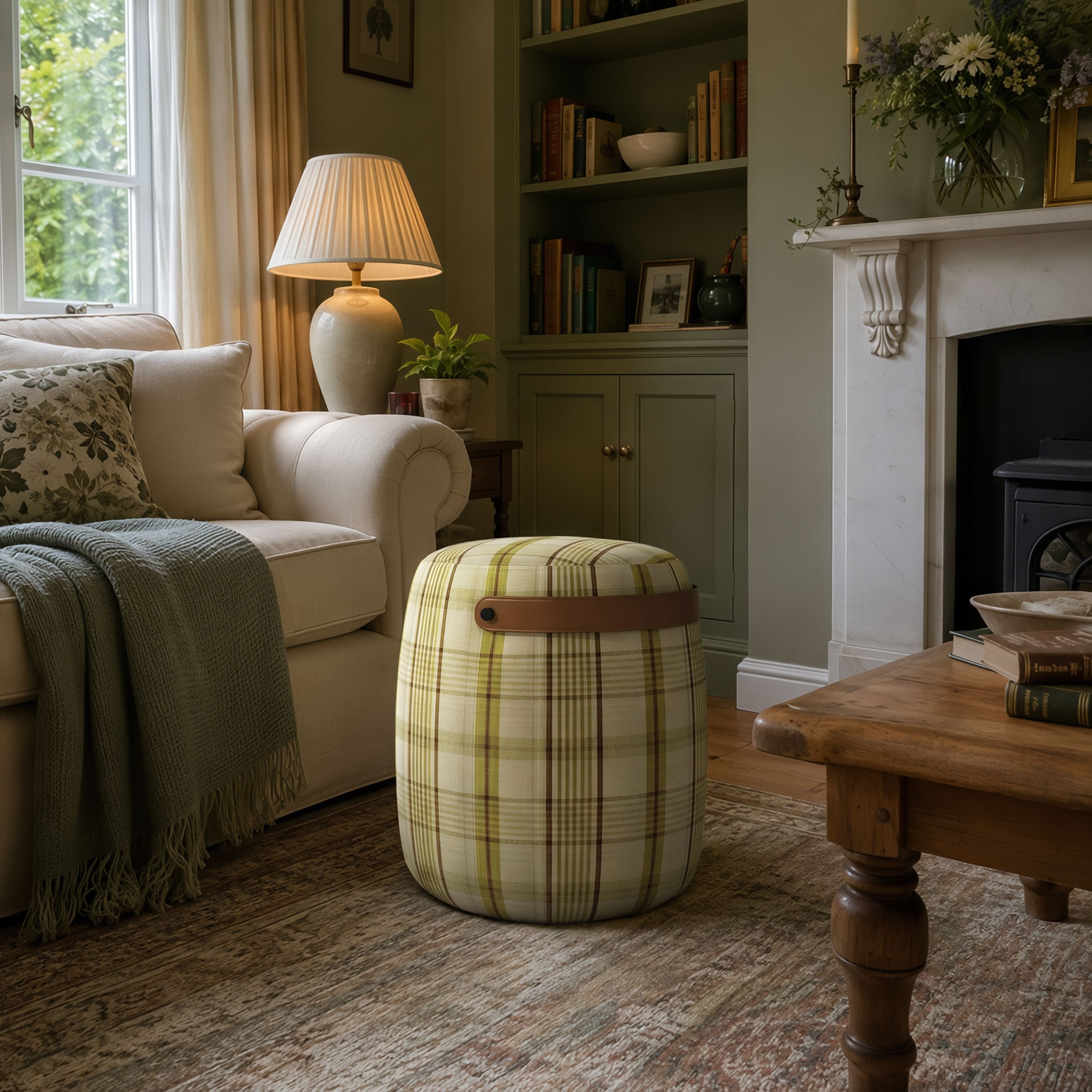 Haven British Check Round Pouffe Footstool with Leather Handle Cottonfy UK 