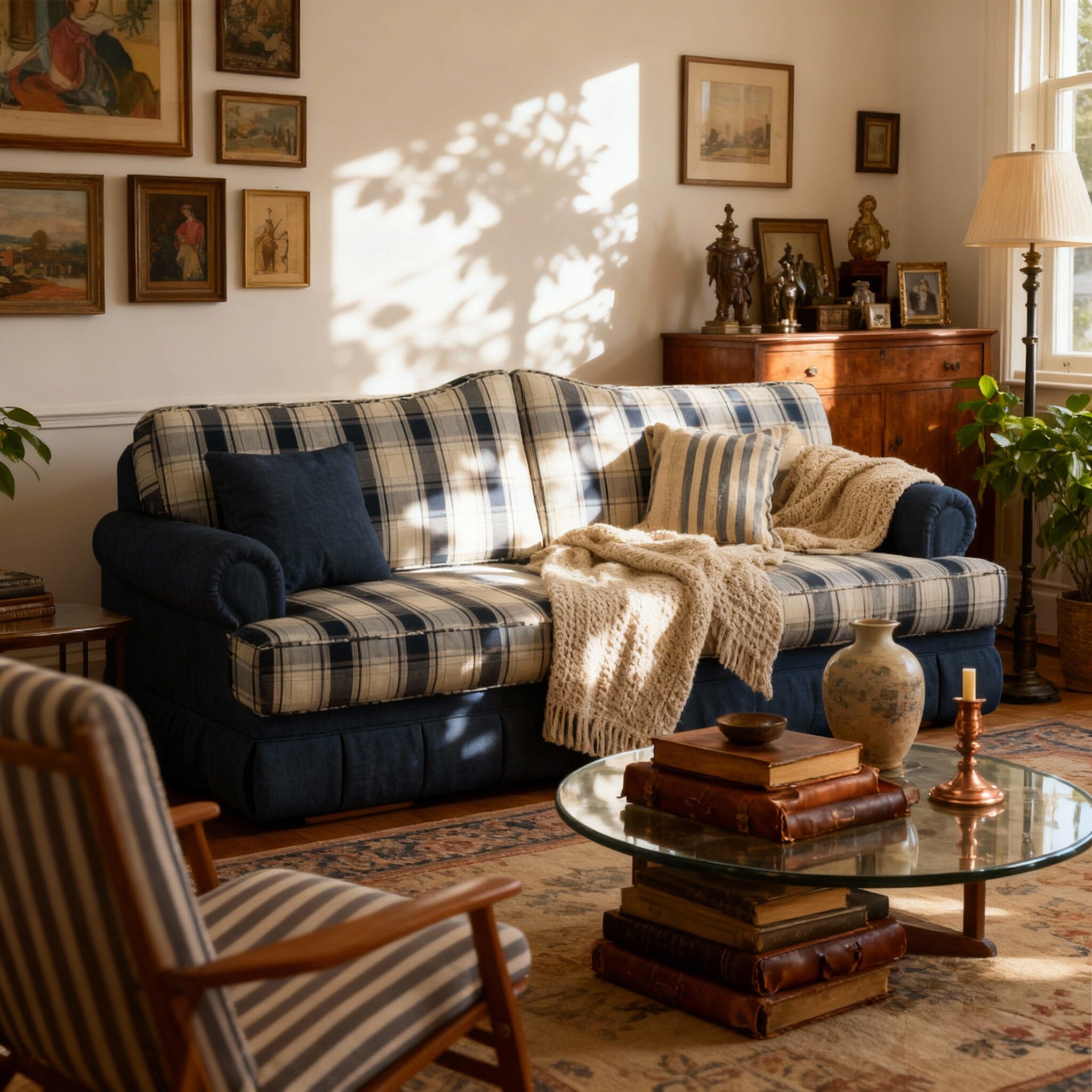 Cottonfy Heritage Plaid Skirted Sofa with Concealed Storage Drawers Living and Home 180 CM Navy Plaid Cotton Linen 