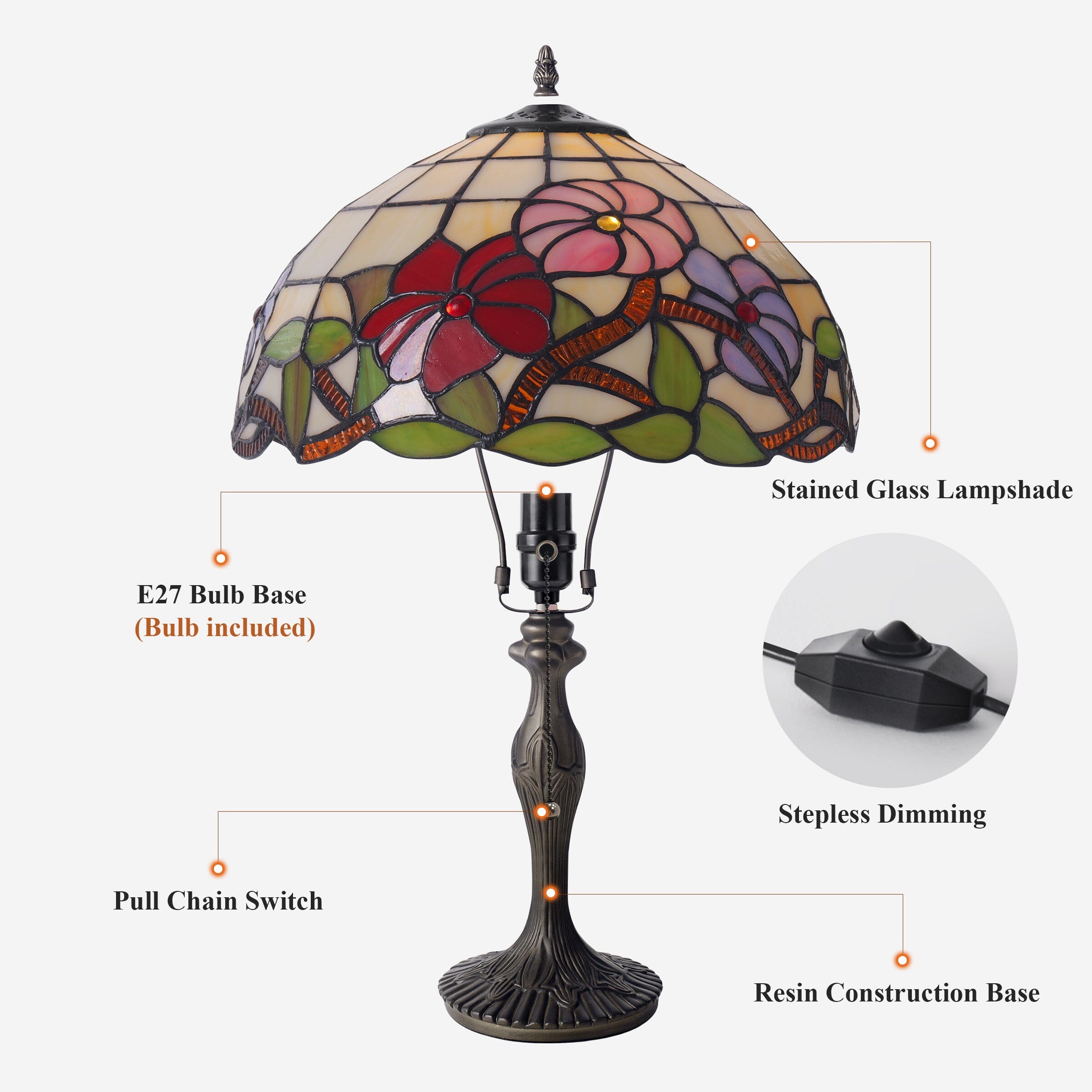 Lightsin Tiffany Table Lamp | Handcrafted Stained Glass Floral Petals Series Red, Pink and Purple Lightsin UK 