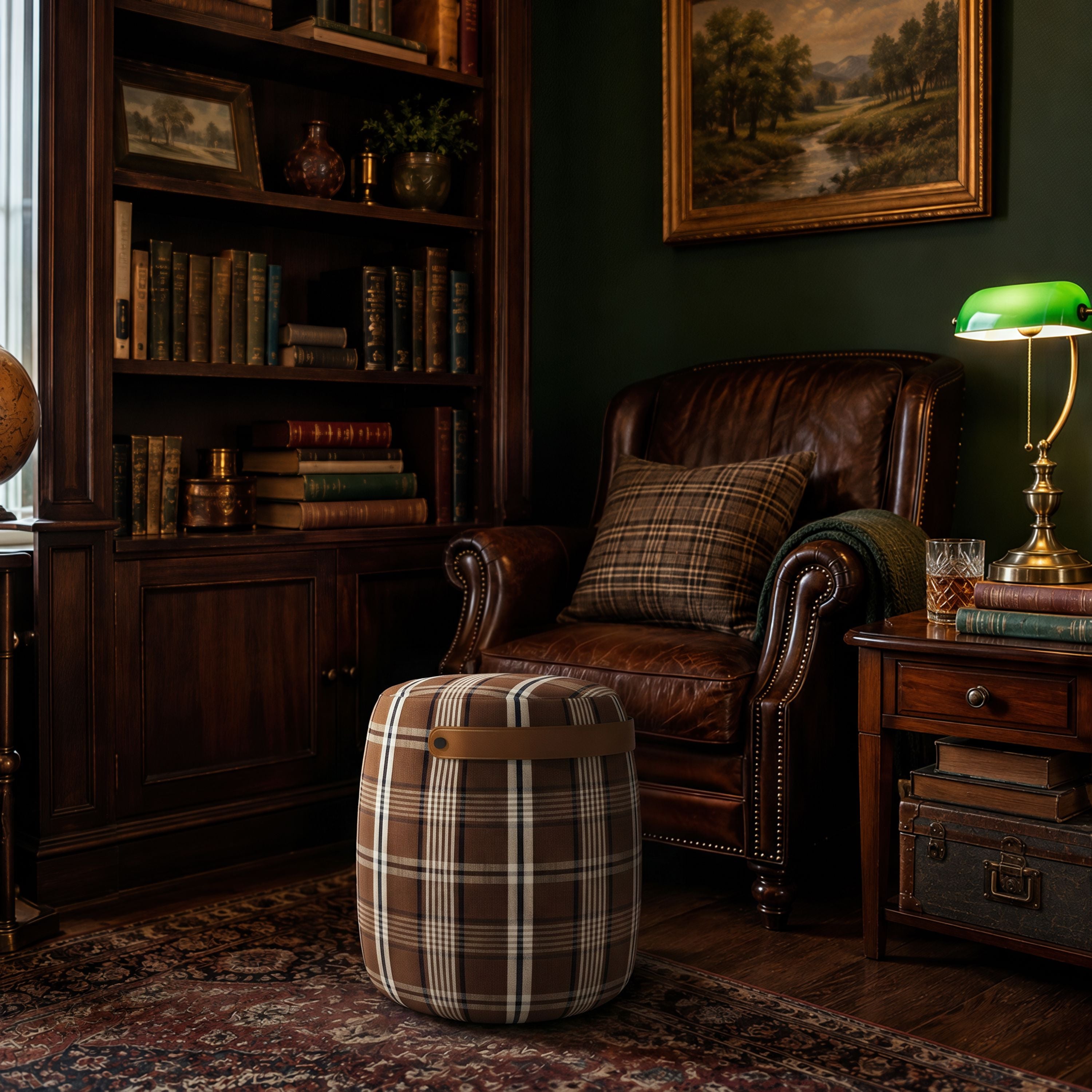 Haven British Check Round Pouffe Footstool with Leather Handle Cottonfy UK 