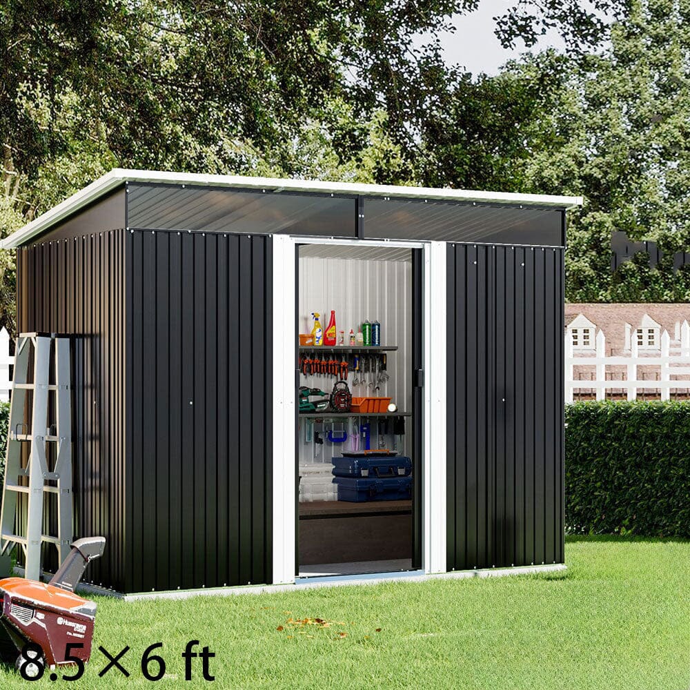 8.5X4ft/ 8.5X6ft Metal Garden Bike Sheds Storage Shed with Lockable Sliding Doors Garden Sheds Living and Home 8.5X6ft 