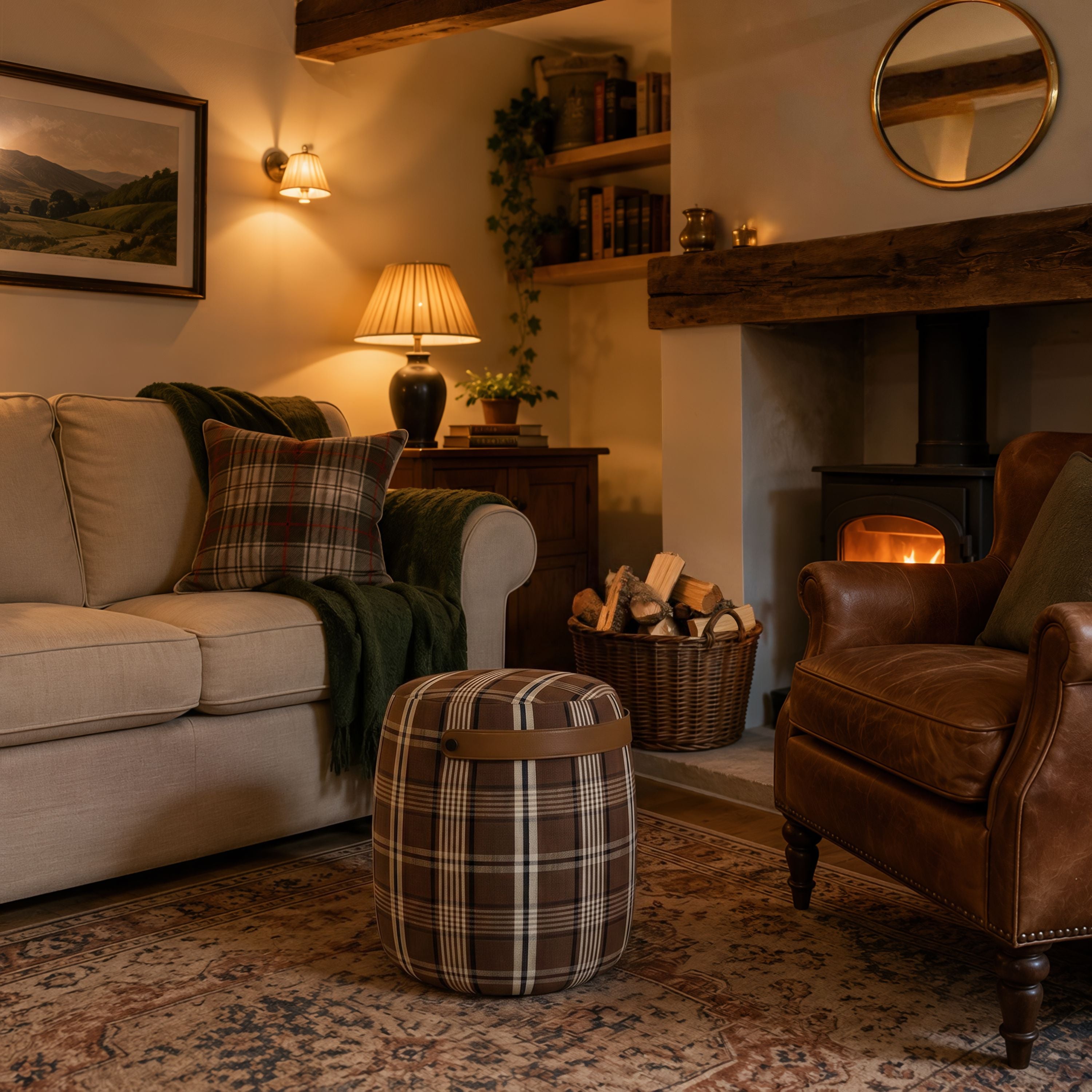 Haven British Check Round Pouffe Footstool with Leather Handle Cottonfy UK 