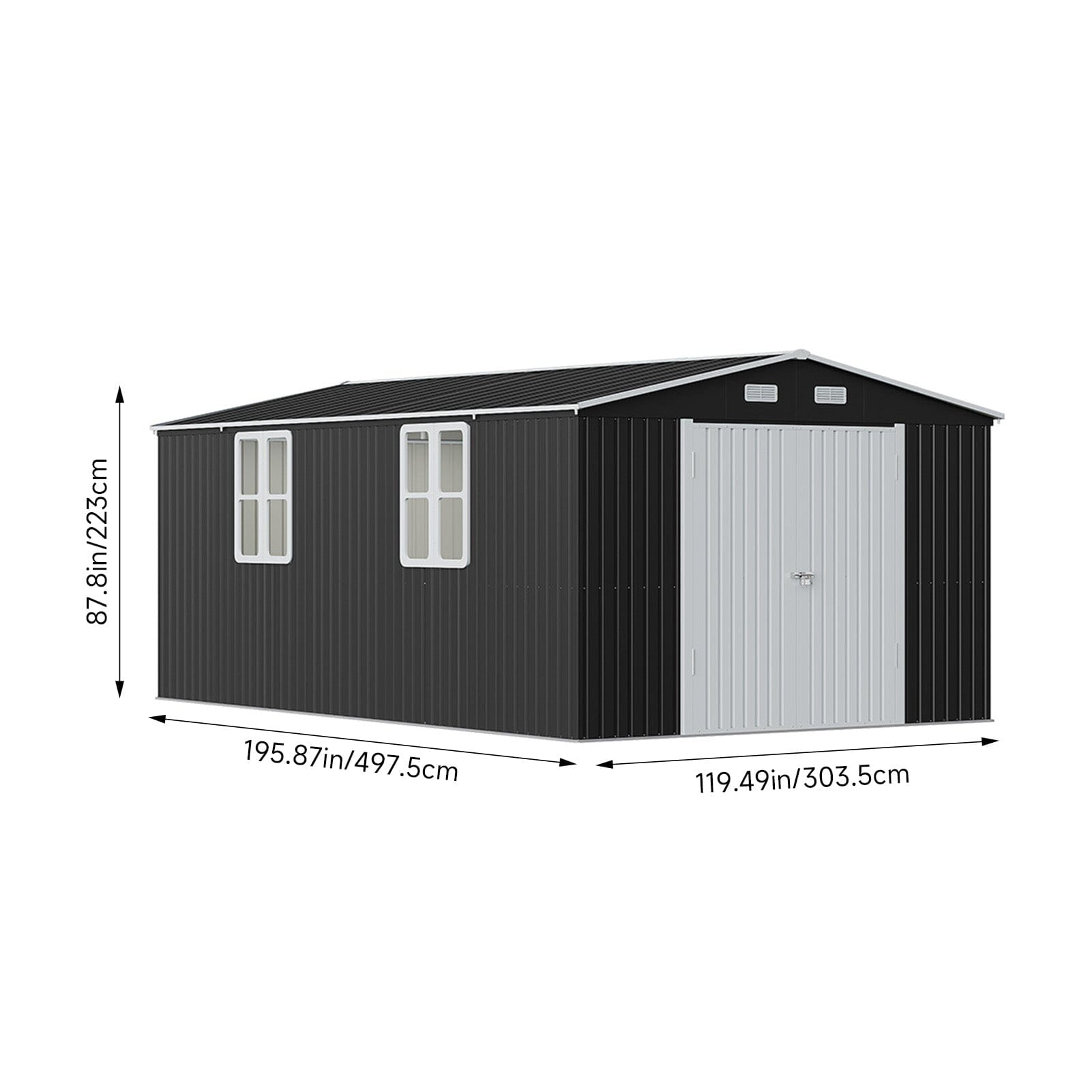 12x10ft / 10x12ft / 10x16ft Charcoal Black Galvanized Steel Storage Shed with Double Lockable Doors & Grid Windows Living and Home 