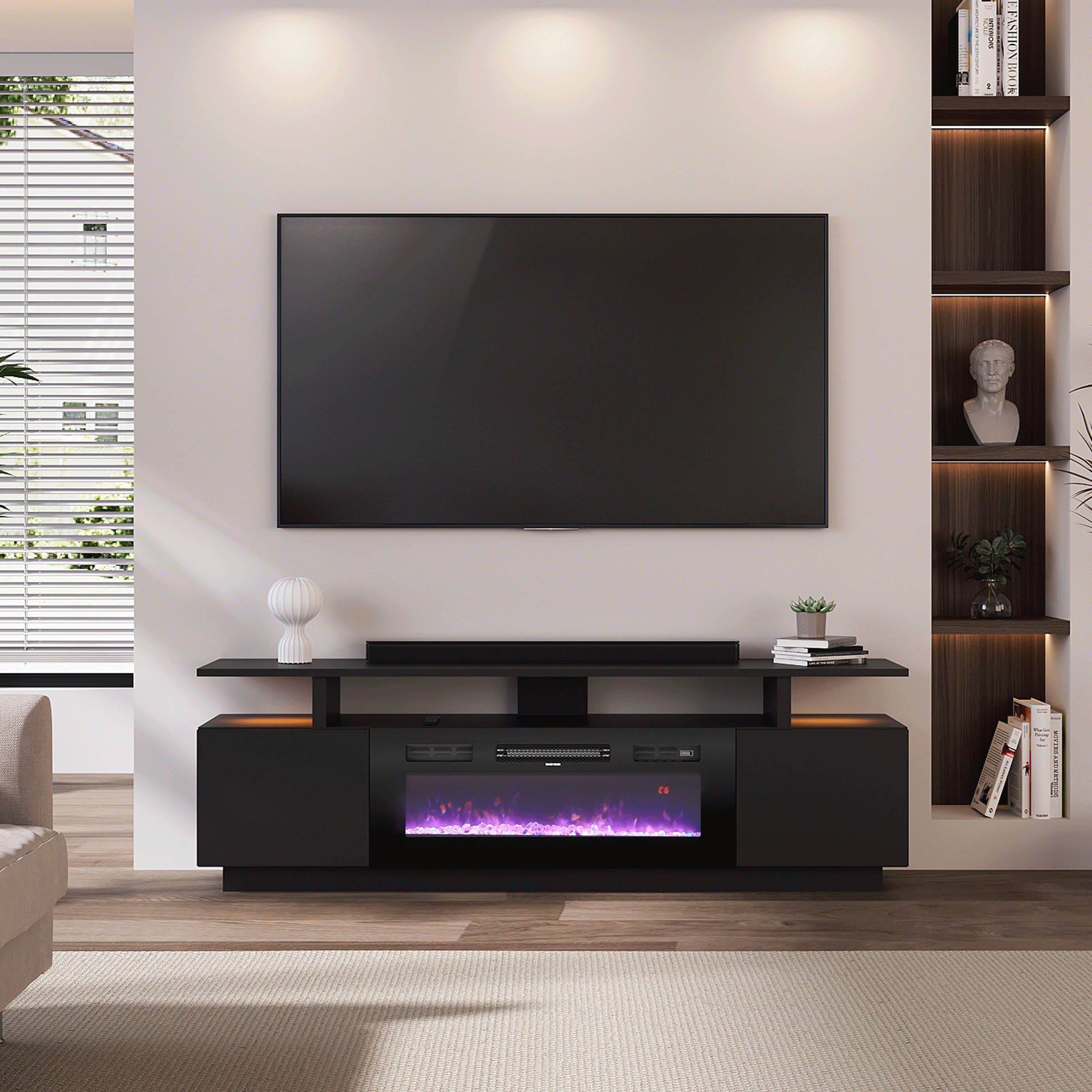 70 inch Elegant and Functional Electric Fireplace TV Stand with Modern Features Living and Home Fireplace + TV Stand Black (Pre-Order) 
