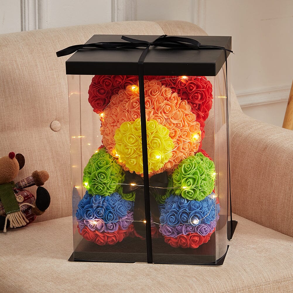 Simulation Foam Forever Rose Colorful Teddy Bear Gift Box with Warm Light Strip Living and Home 