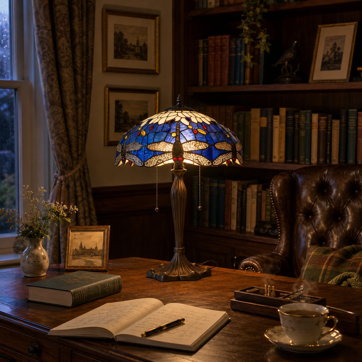 Blue stained glass Tiffany table lamp in a traditional library room