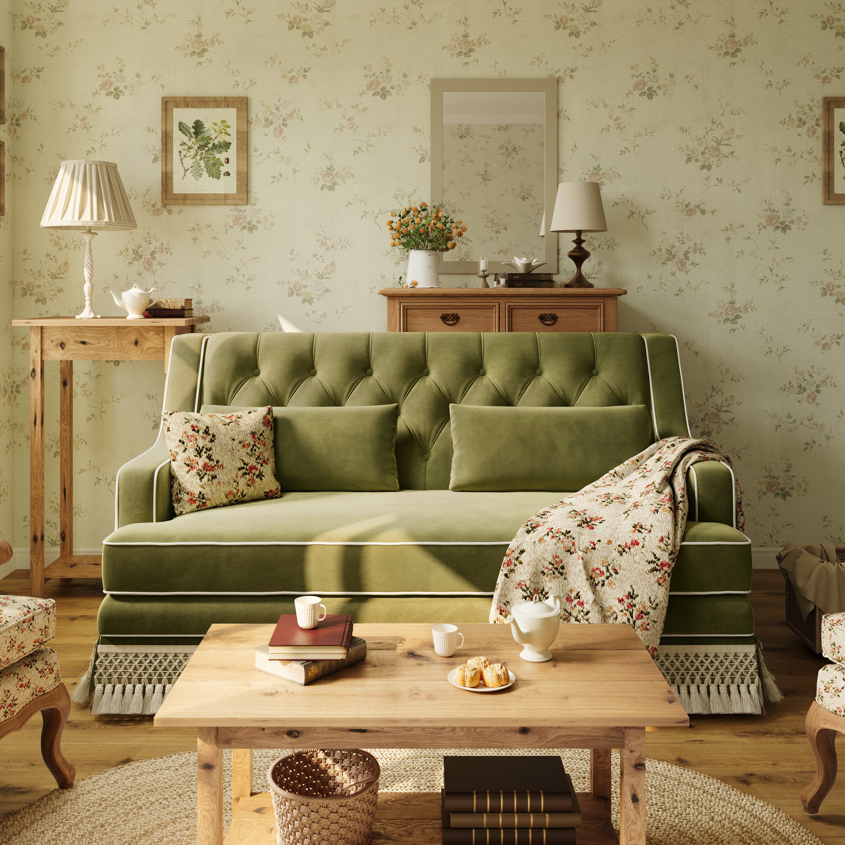 Cottonfy country fringe skirt sofa in cottagecore living room UK