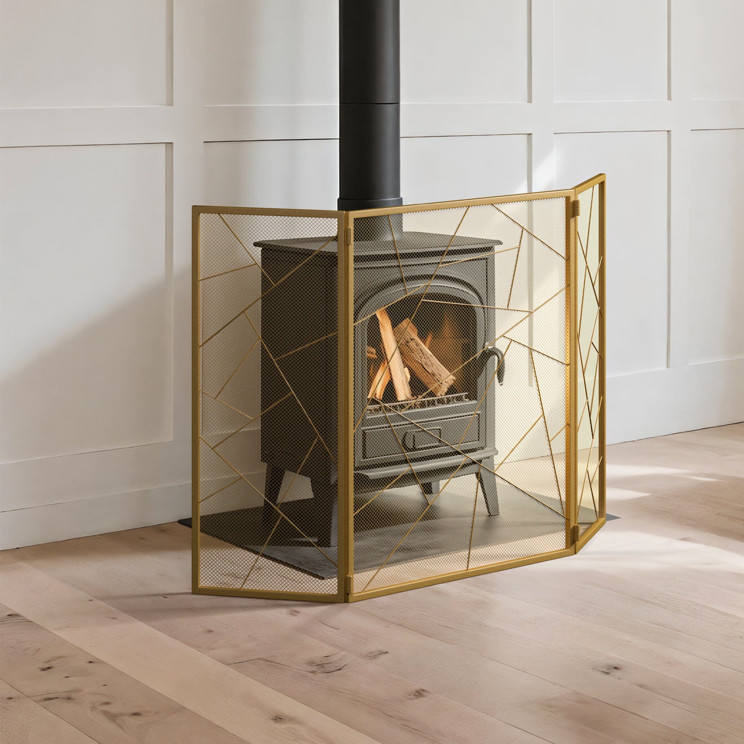 Smallbee Triple-Fold Iron Fireplace Screen Gold Frame – 132x1x80cm Smallbee UK 