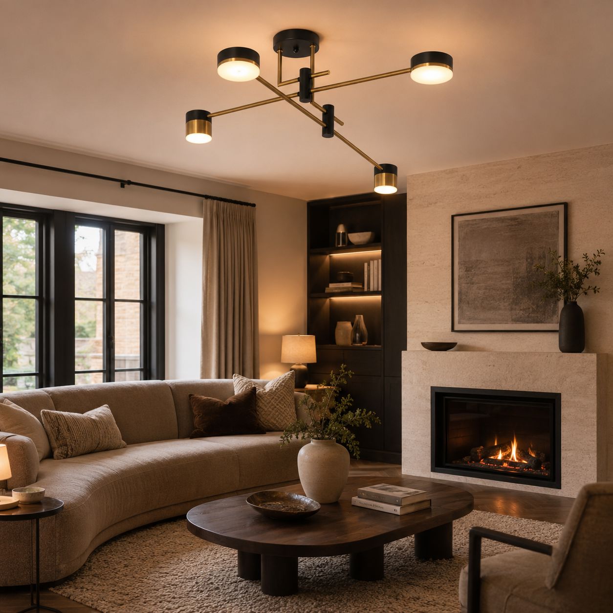 black and gold ceiling light in a living room with built-in shelves