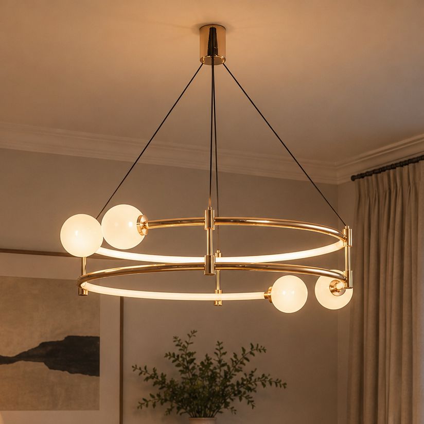 gold halo ceiling fan light with glass globes in a living room