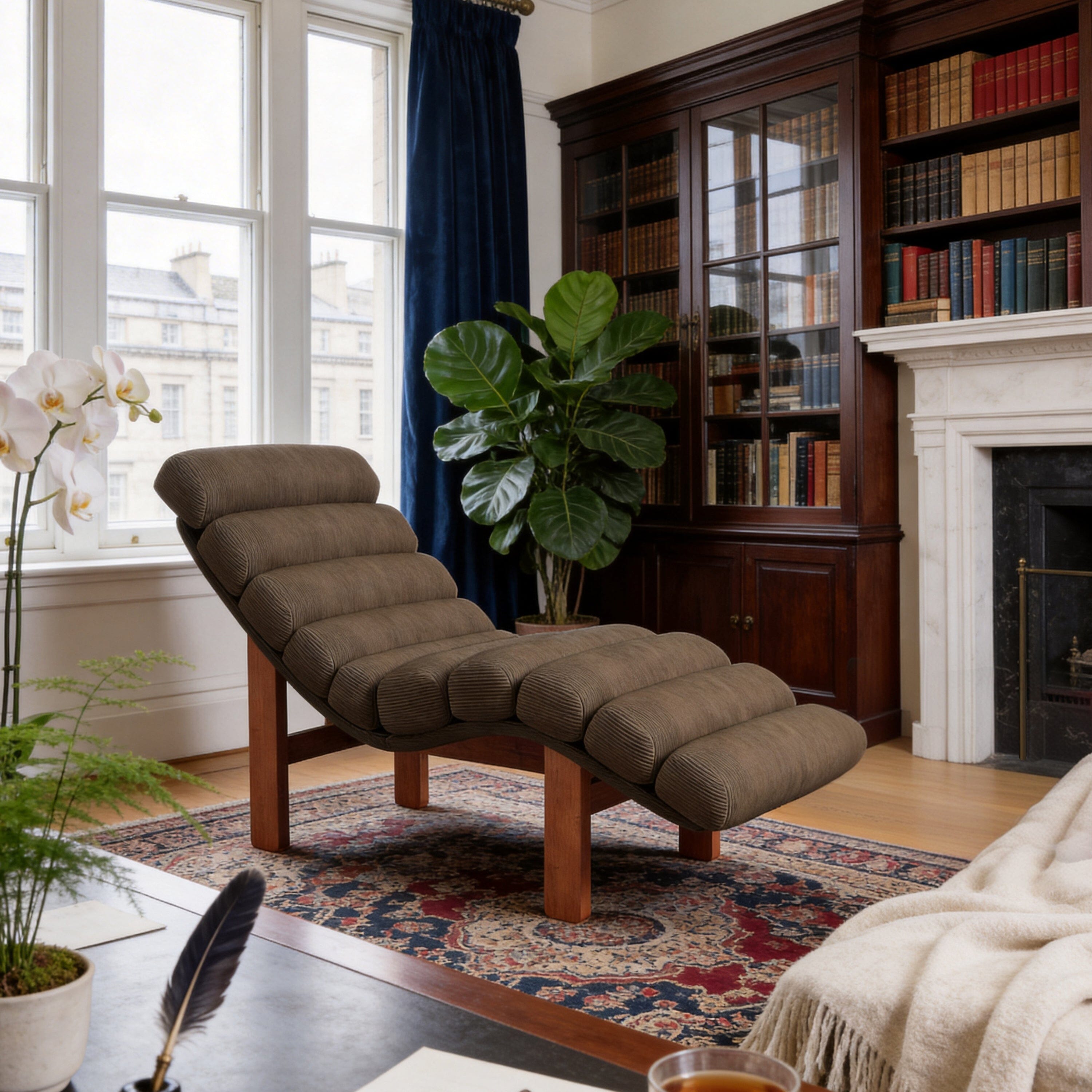 Cottonfy Modern Ergonomic Corduroy Chaise Lounge with Natural Wooden Frame Cottonfy UK 