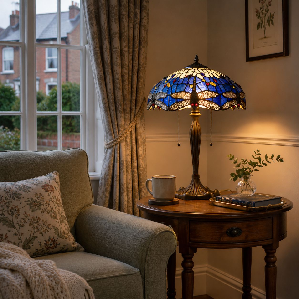 Blue Tiffany table lamp casting warm light on a small side table
