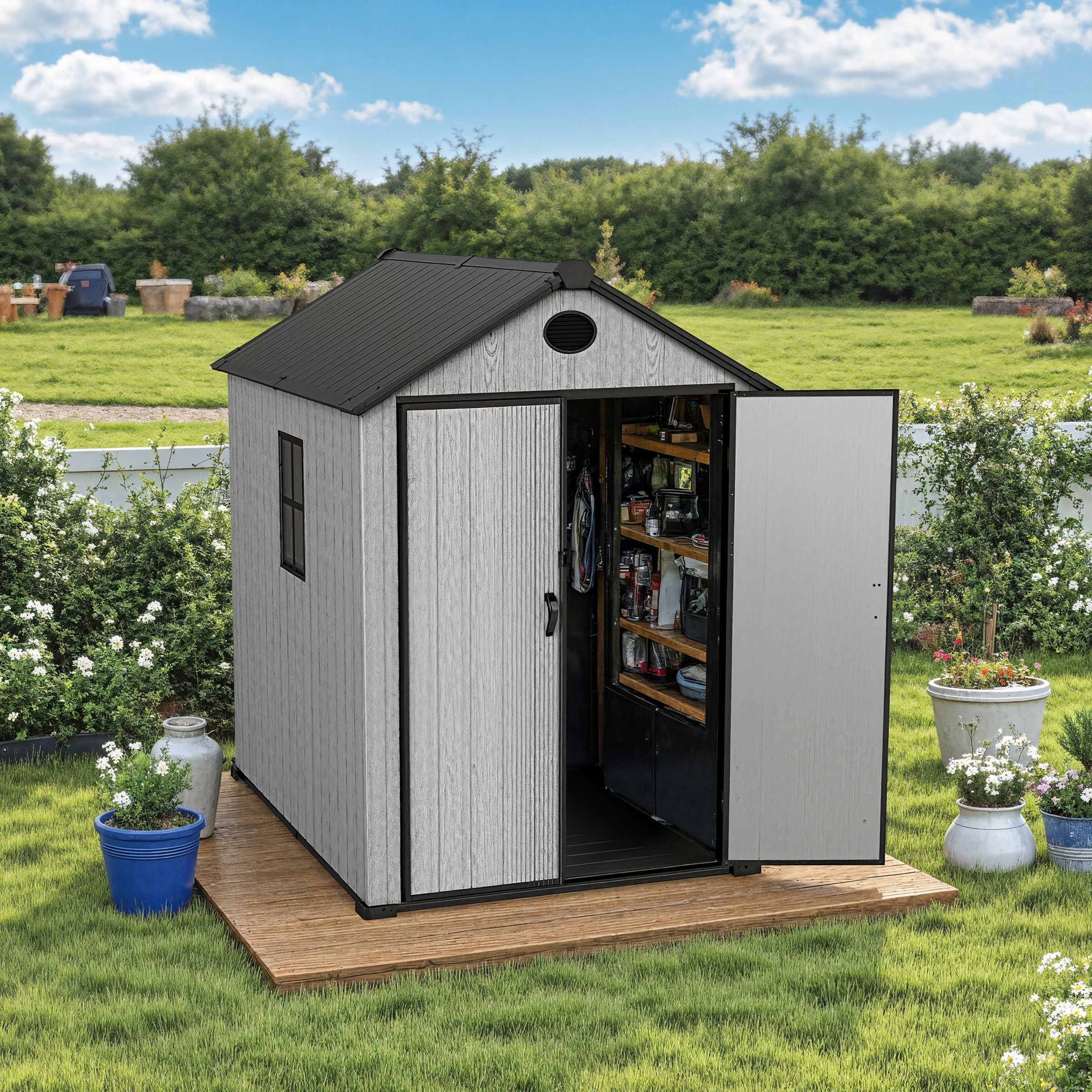 6'x8'ft/8'x8'ft/8'x12'ft/8'x16'ft Gray Wood Grain Plastic Tool Shed Living and Home 6'x8'ft 