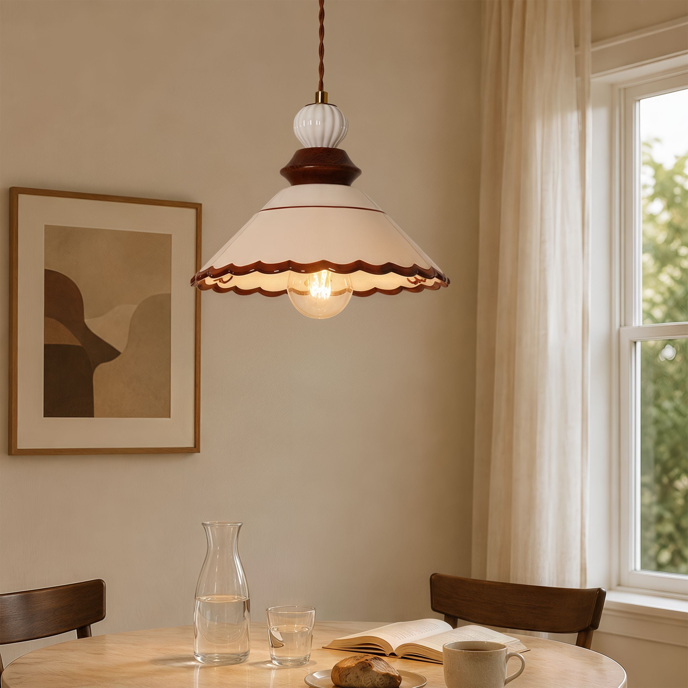 brown ceramic lace pendant light in a warm living room