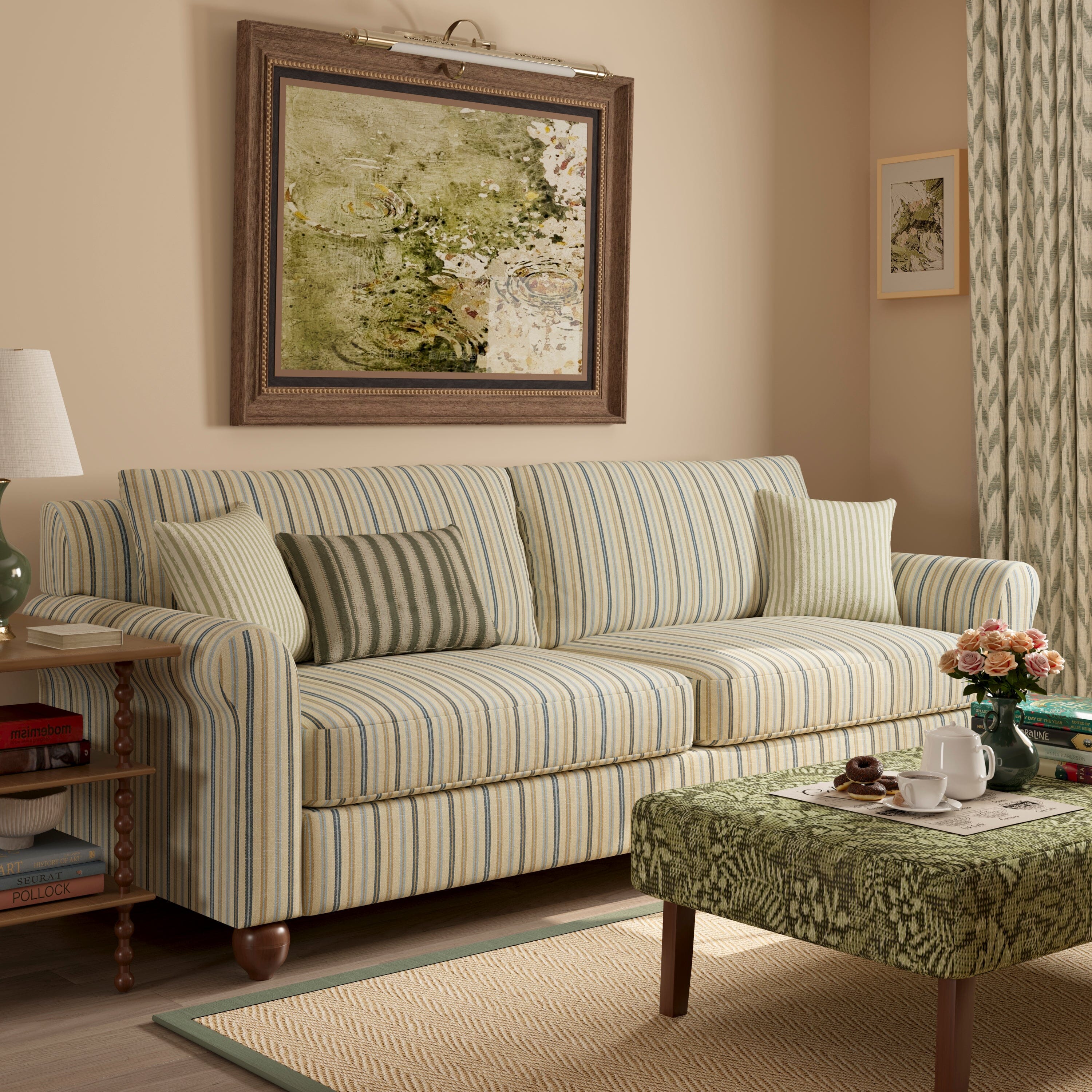 Cottonfy Striped Cotton Linen Blend Rolled Arm Sofa with Soild Wood Bun Feet 2 Seater Sofas Cottonfy UK 