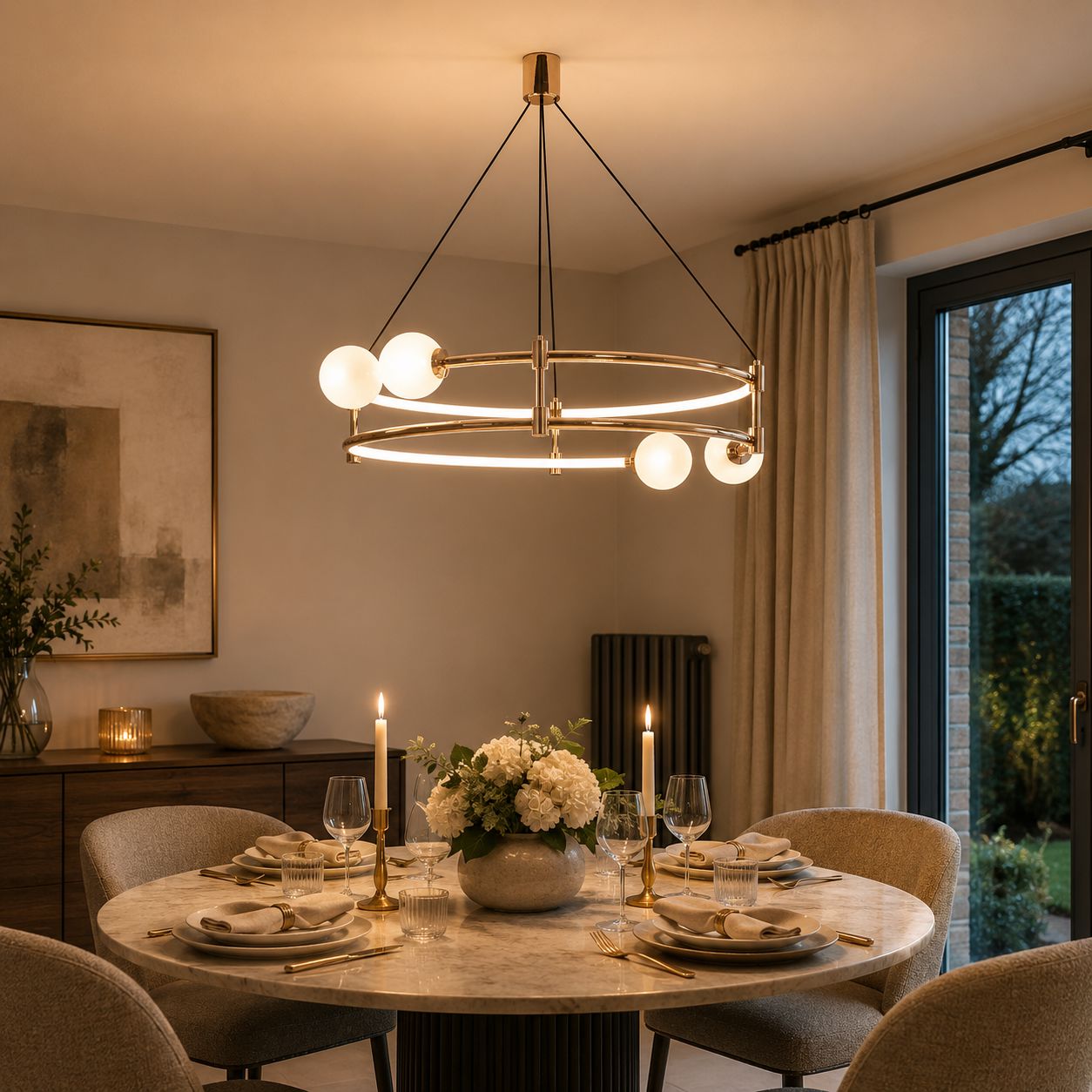 gold double-ring chandelier above a set dining table