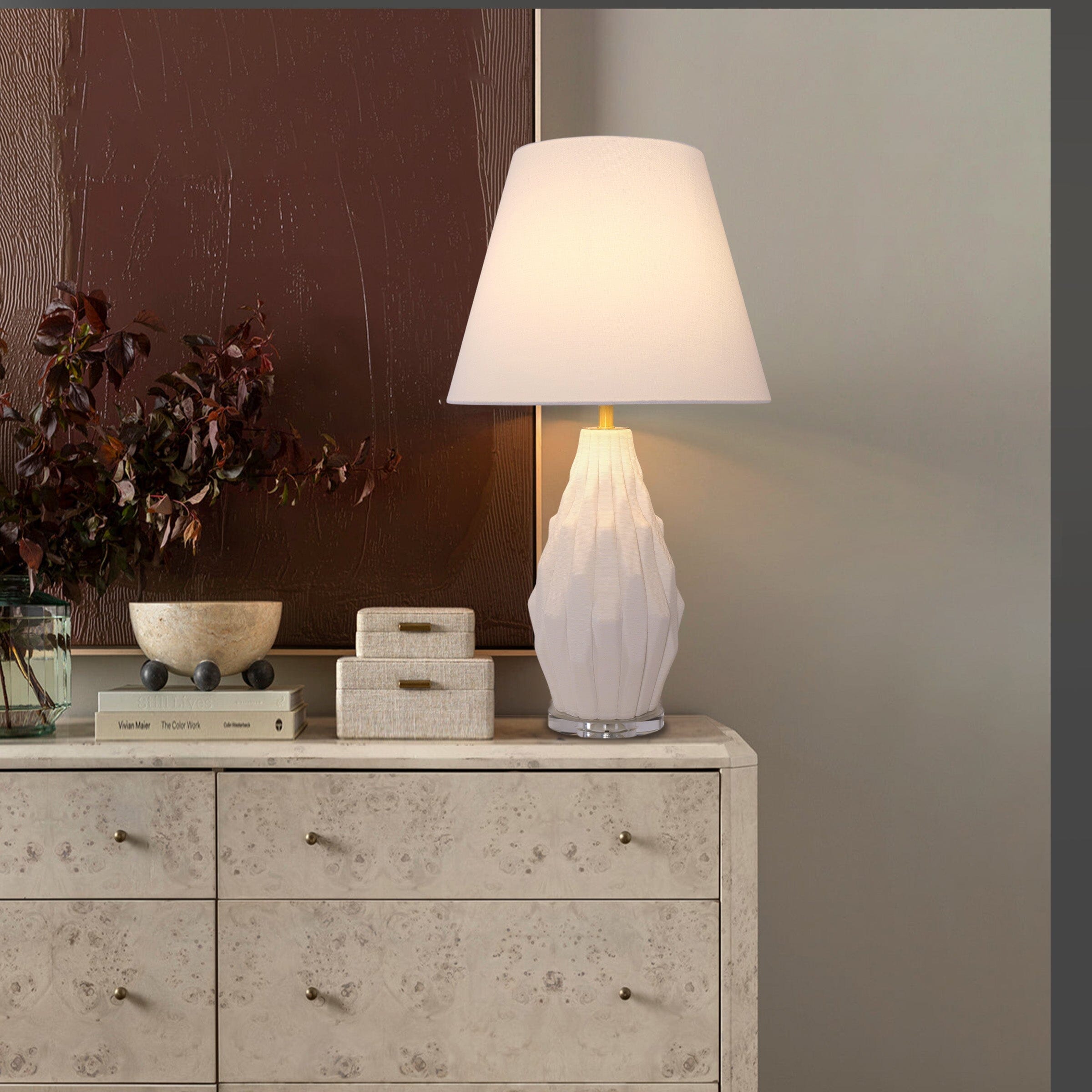‍Lightsin 3D Pure White Polygonal Textured Ceramic Table Lamp with Fabric Shade (100% off) Lightsin UK L 1 Unit 