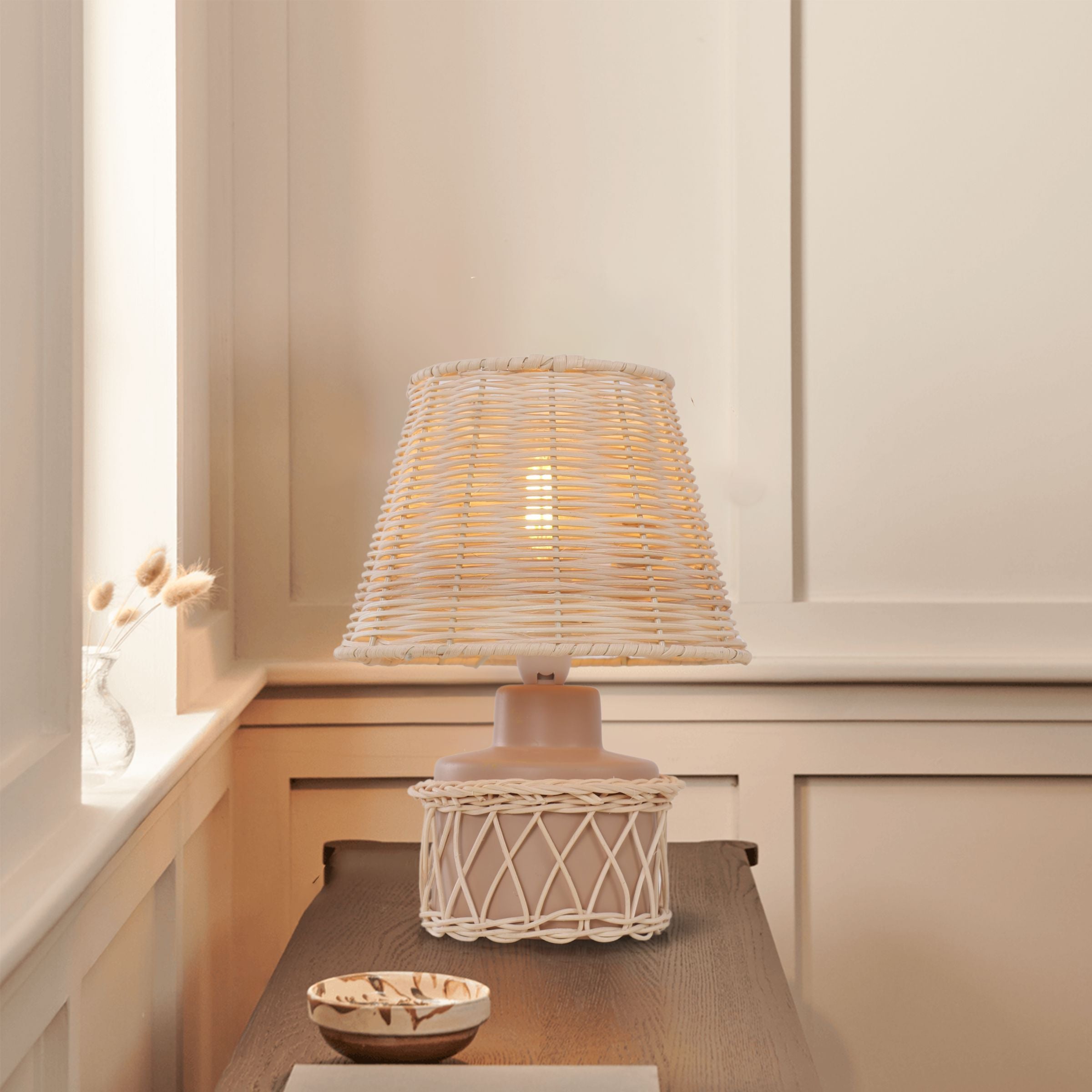 Lightsin Natural Rattan Table Lamp with Pink Wood Base for Bedroom and Living Room Lightsin UK 