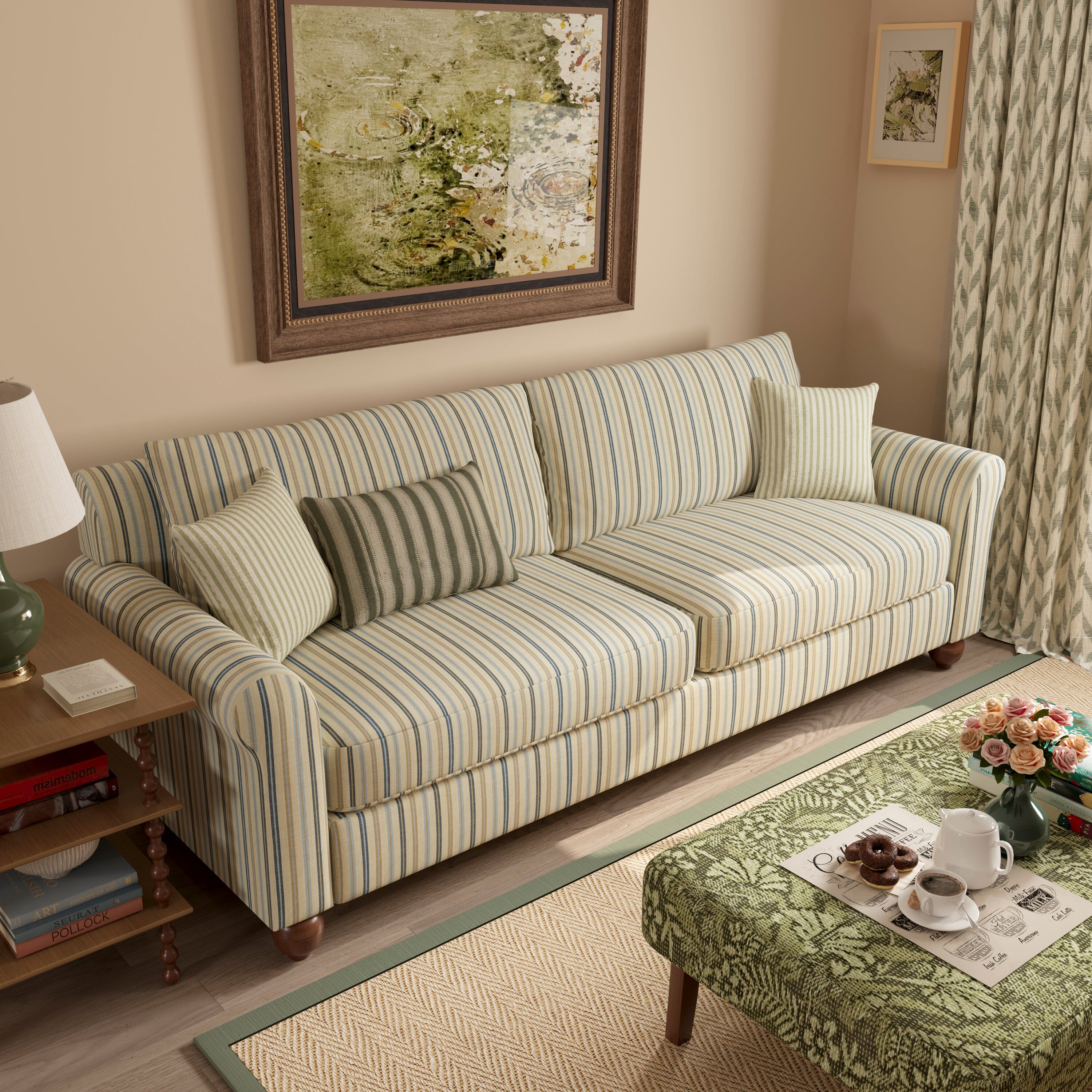 Cottonfy Striped Cotton Linen Blend Rolled Arm Sofa with Soild Wood Bun Feet 2 Seater Sofas Cottonfy UK 