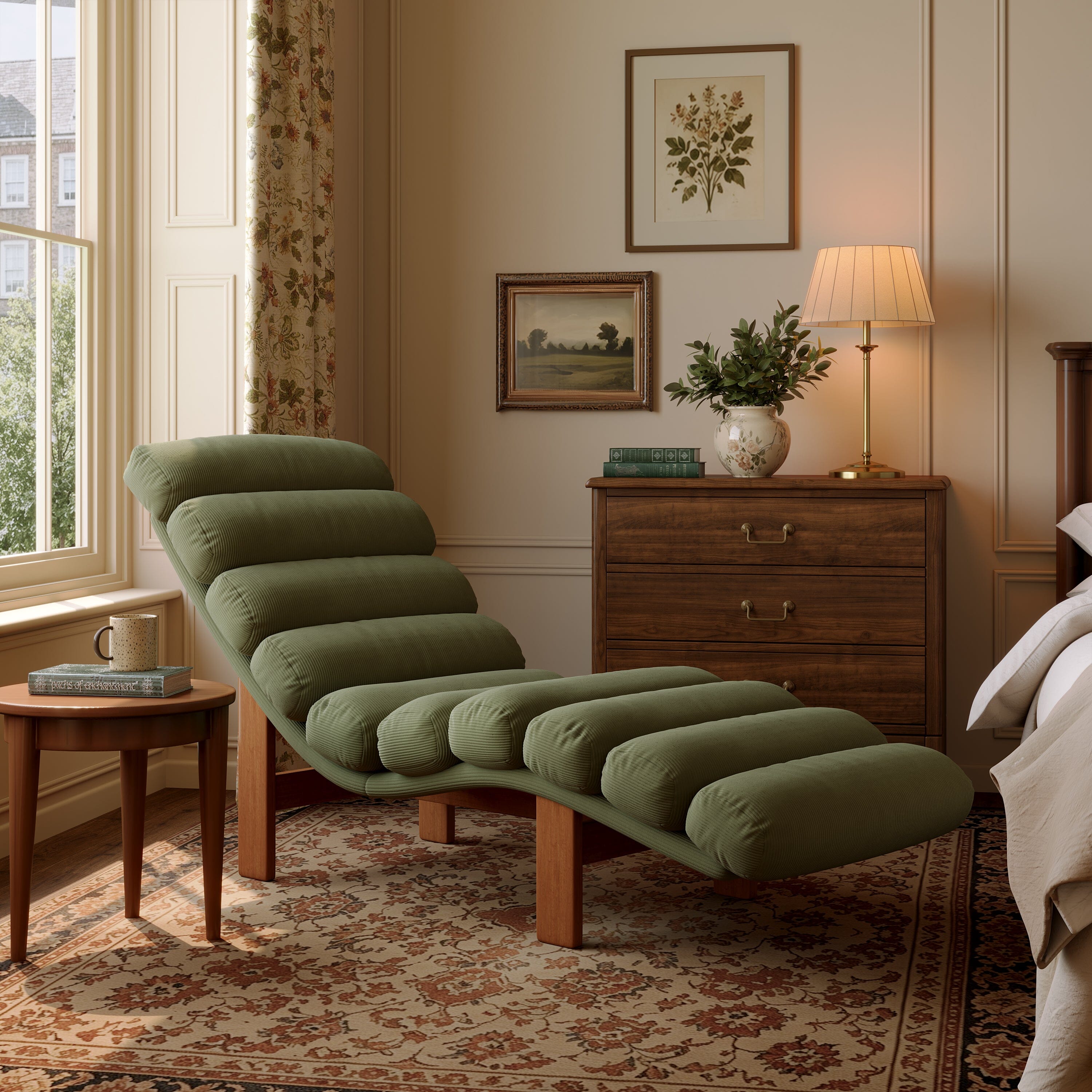 Cottonfy Modern Ergonomic Corduroy Chaise Lounge with Natural Wooden Frame Cottonfy UK 