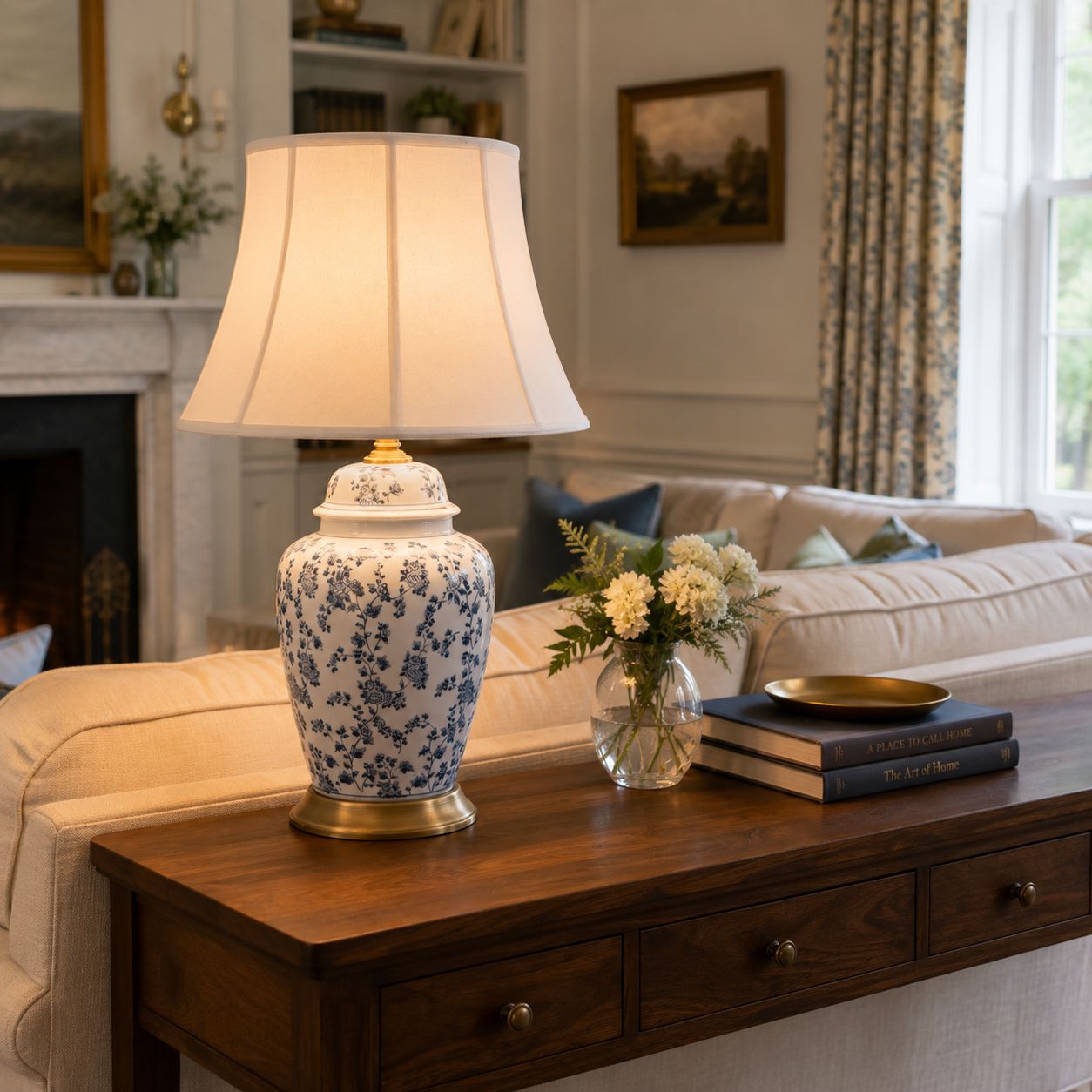 Lightsin Blue Floral Ceramic Table Lamp with Fabric Shade and Brass Base Lightsin UK 