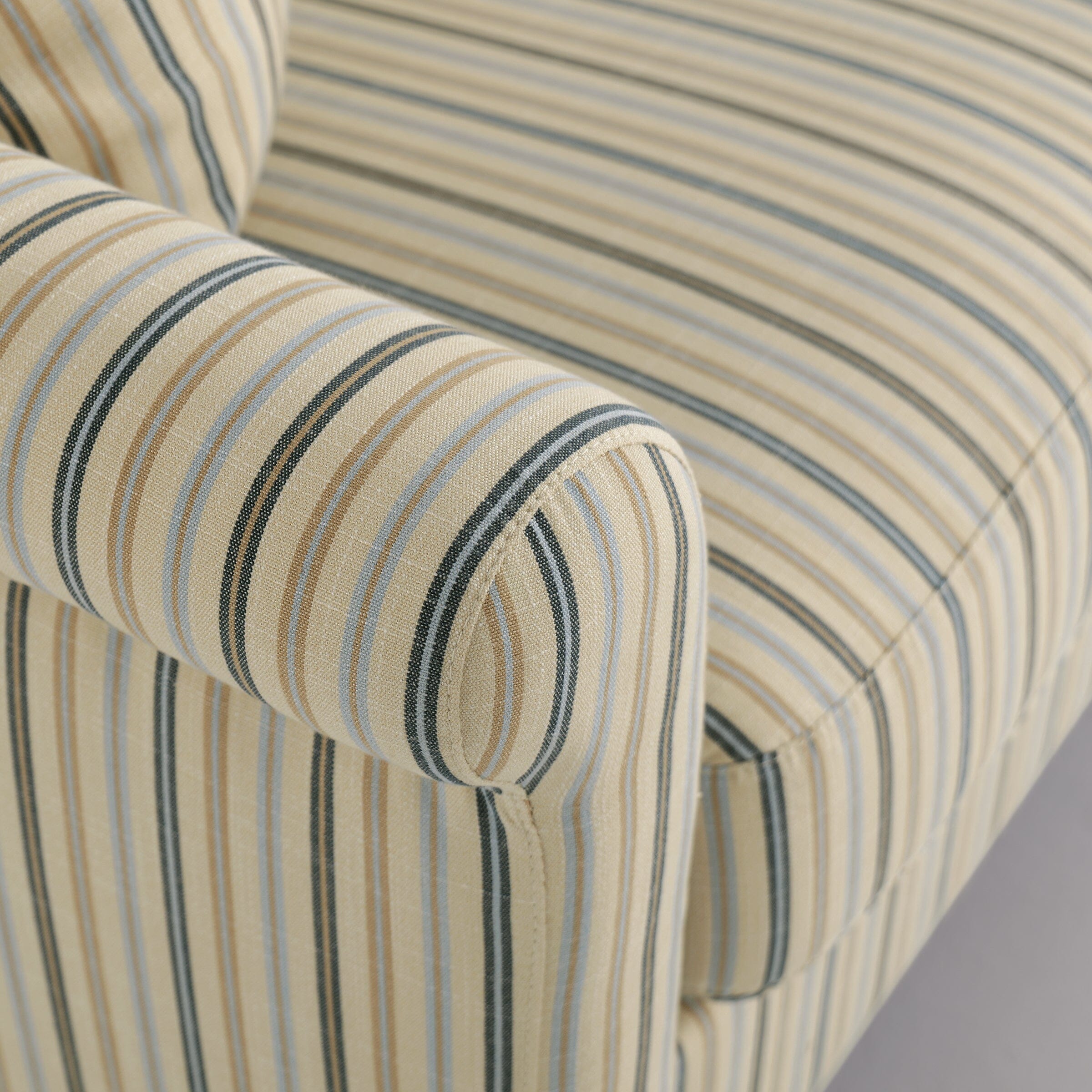Cottonfy Striped Cotton Linen Blend Rolled Arm Sofa with Soild Wood Bun Feet Living and Home 