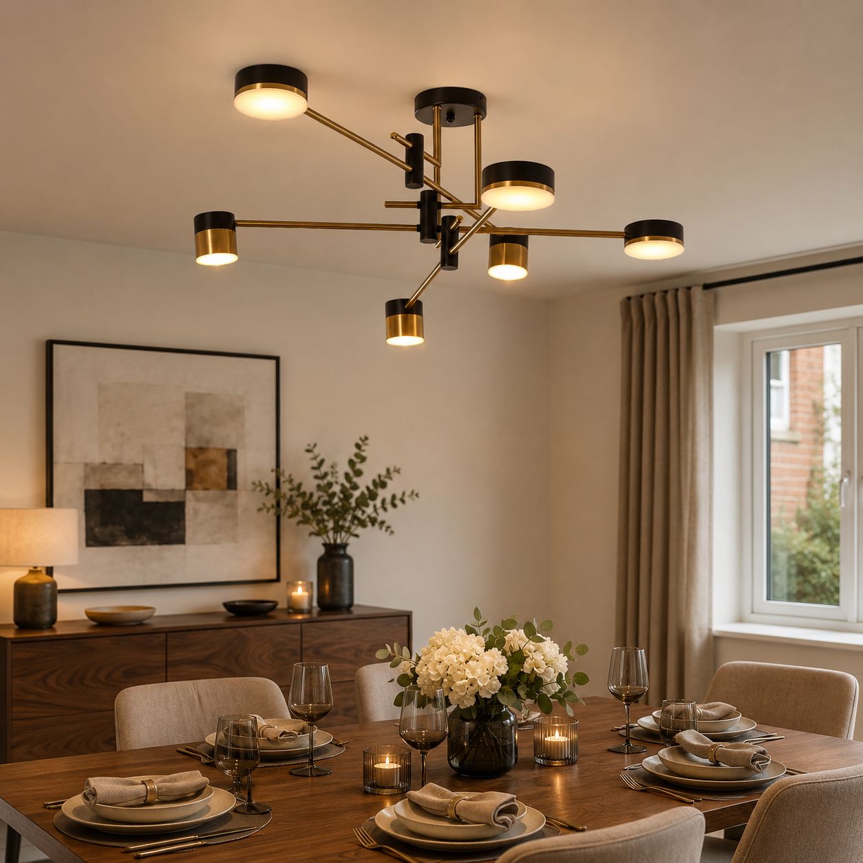 black and gold metal ceiling light above a dining table