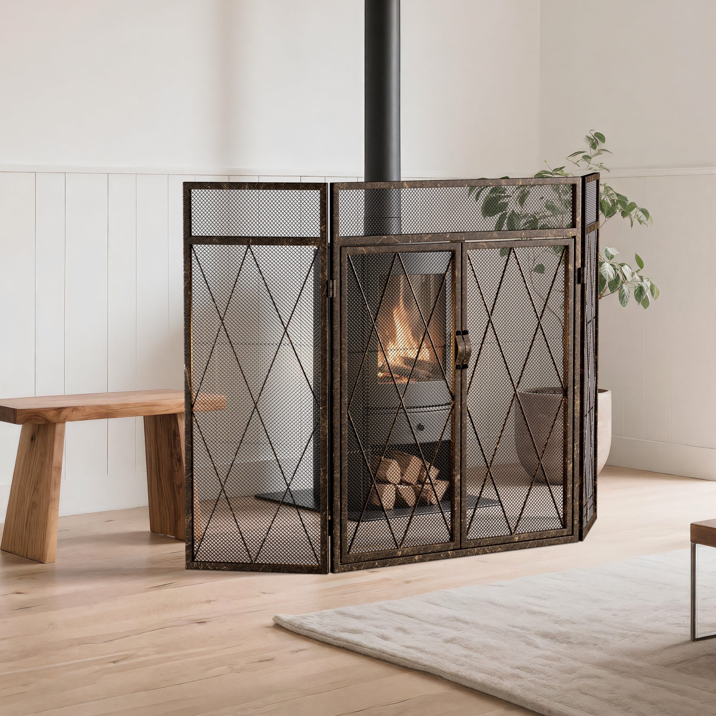 Smallbee Triple-Fold Fireplace Screen – Antique Copper Powder-Coated Iron, 127x13x81cm Smallbee UK 