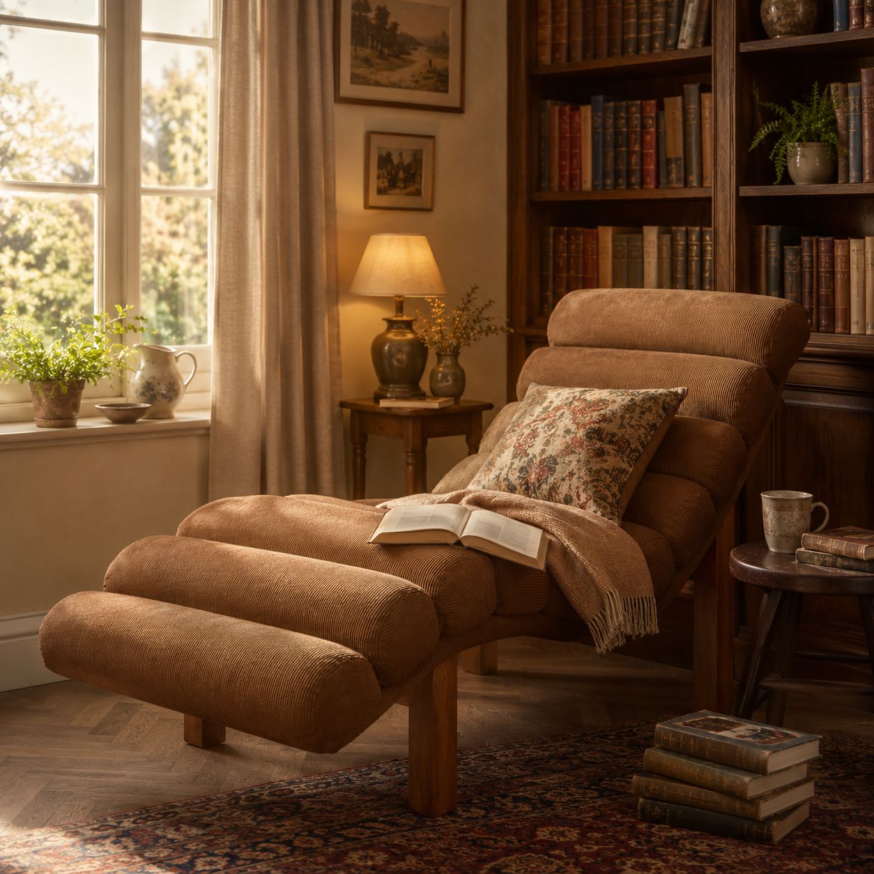 Cottonfy Modern Ergonomic Corduroy Chaise Lounge with Natural Wooden Frame Cottonfy UK 