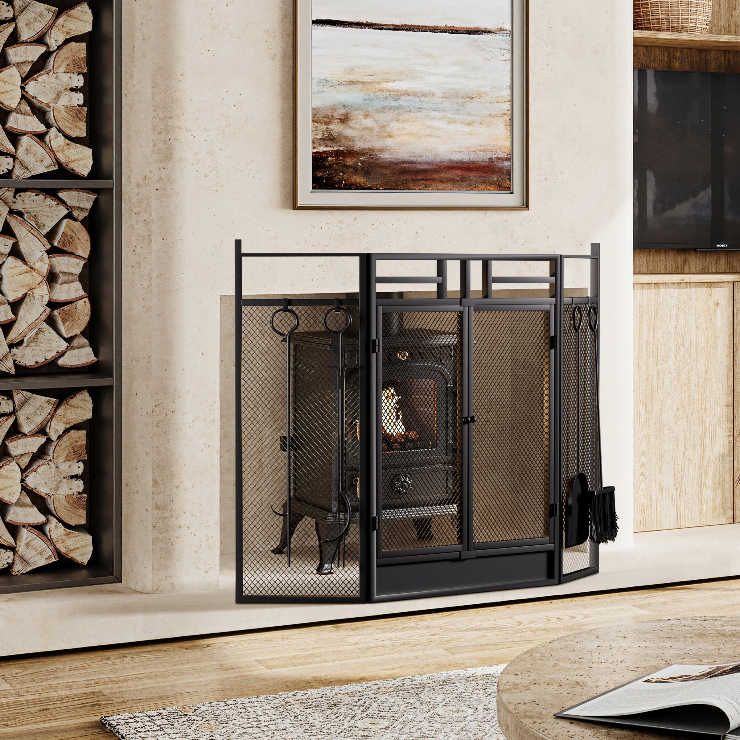 Smallbee Black Powder-Coated Iron Fireplace Screen with 4-Piece Tool Set – 122x1.3x80cm Smallbee UK 